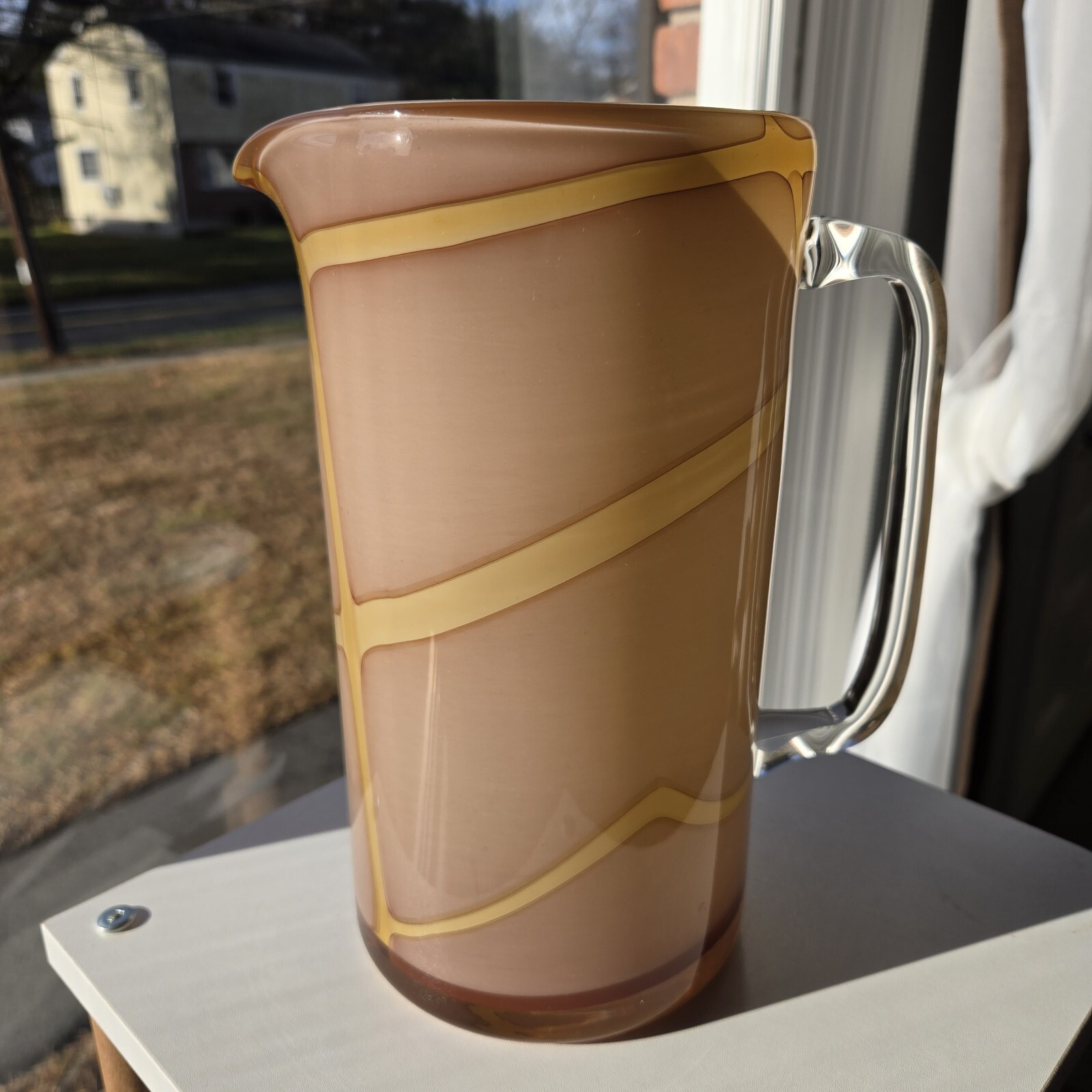 Vintage Handblown Glass Pitcher, Tall Cylindrical Amber Jug, Beige Retro Vase