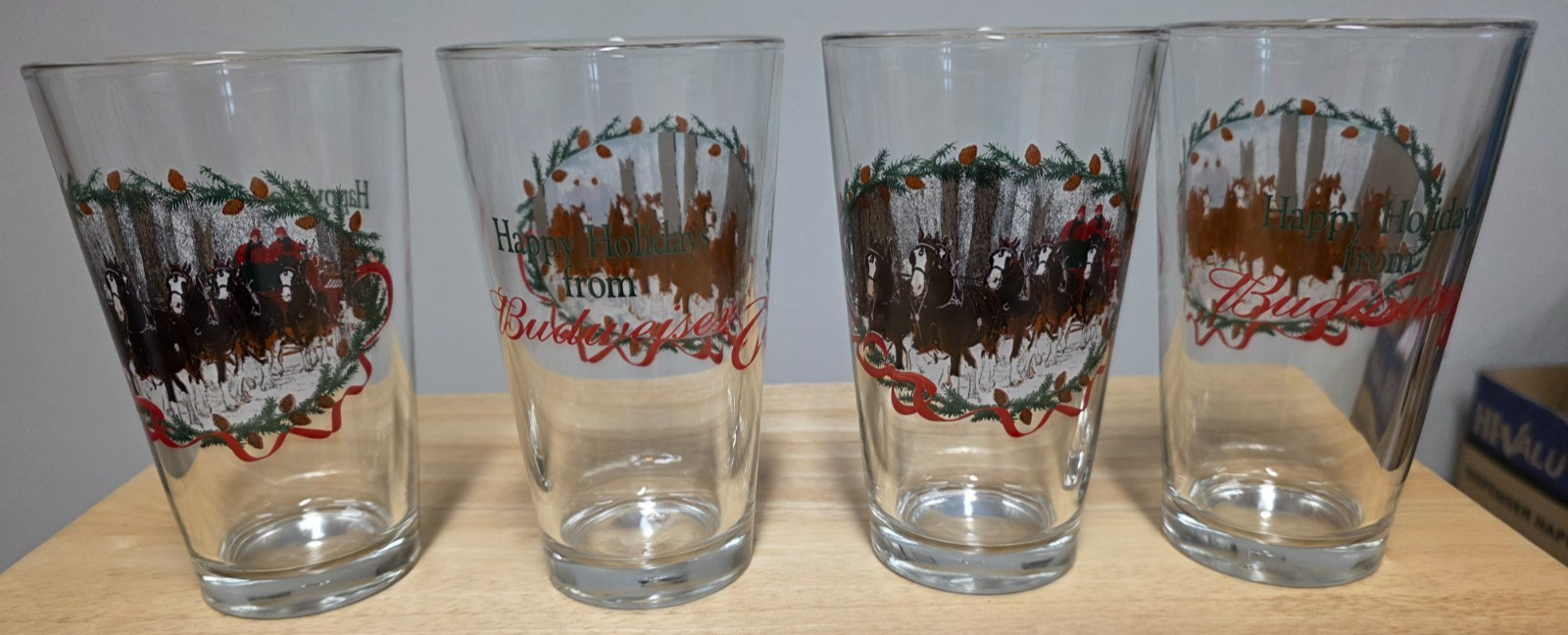Budweiser Happy Holidays Christmas  Glasses - Set of 4.  New, Original box.