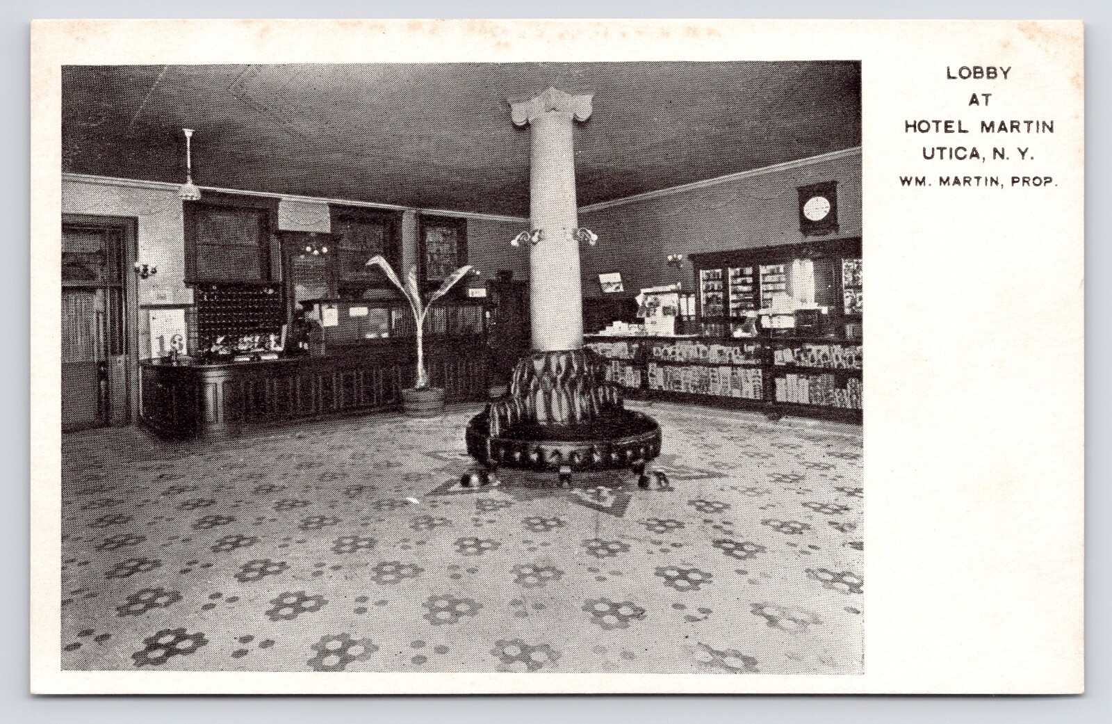c1910 Hotel Martin Lobby Interior Front Desk Store Utica New York NY Postcard