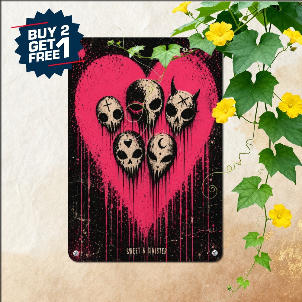 Pink Splatter Heart Skull Art Tin Sign Modern Gothic Grunge Bedroom Metal Plaque