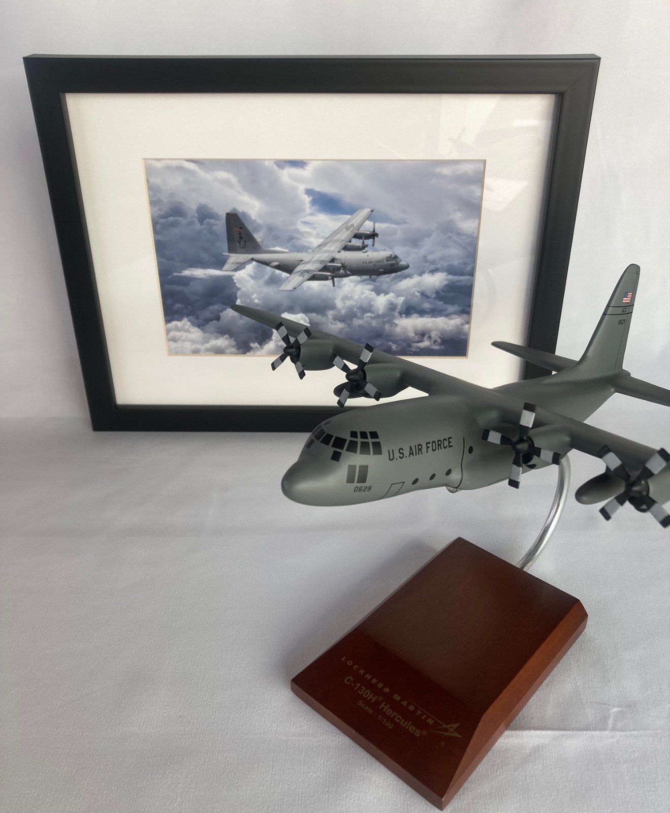 Lockheed Martin C-130H Hercules Mahogany Wood Model & Framed Flight Photo