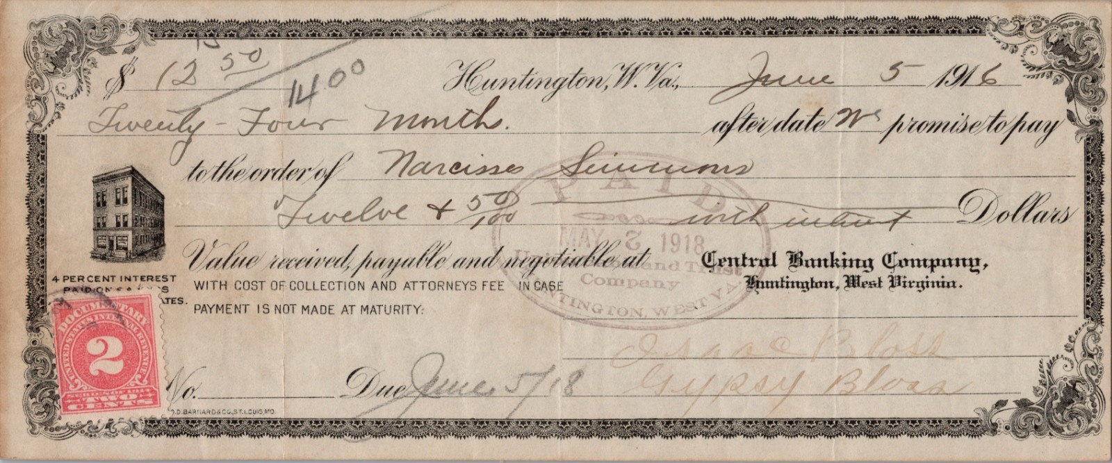 1916 Huntington West Virginia Promissory Note Central Banking Co 2c Stamp 24 Mo