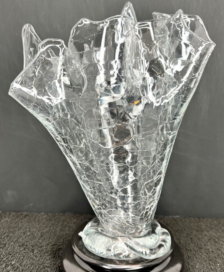 Peter Greenwood Clear Crackle Glass Handkerchief Vase - Signed 1993