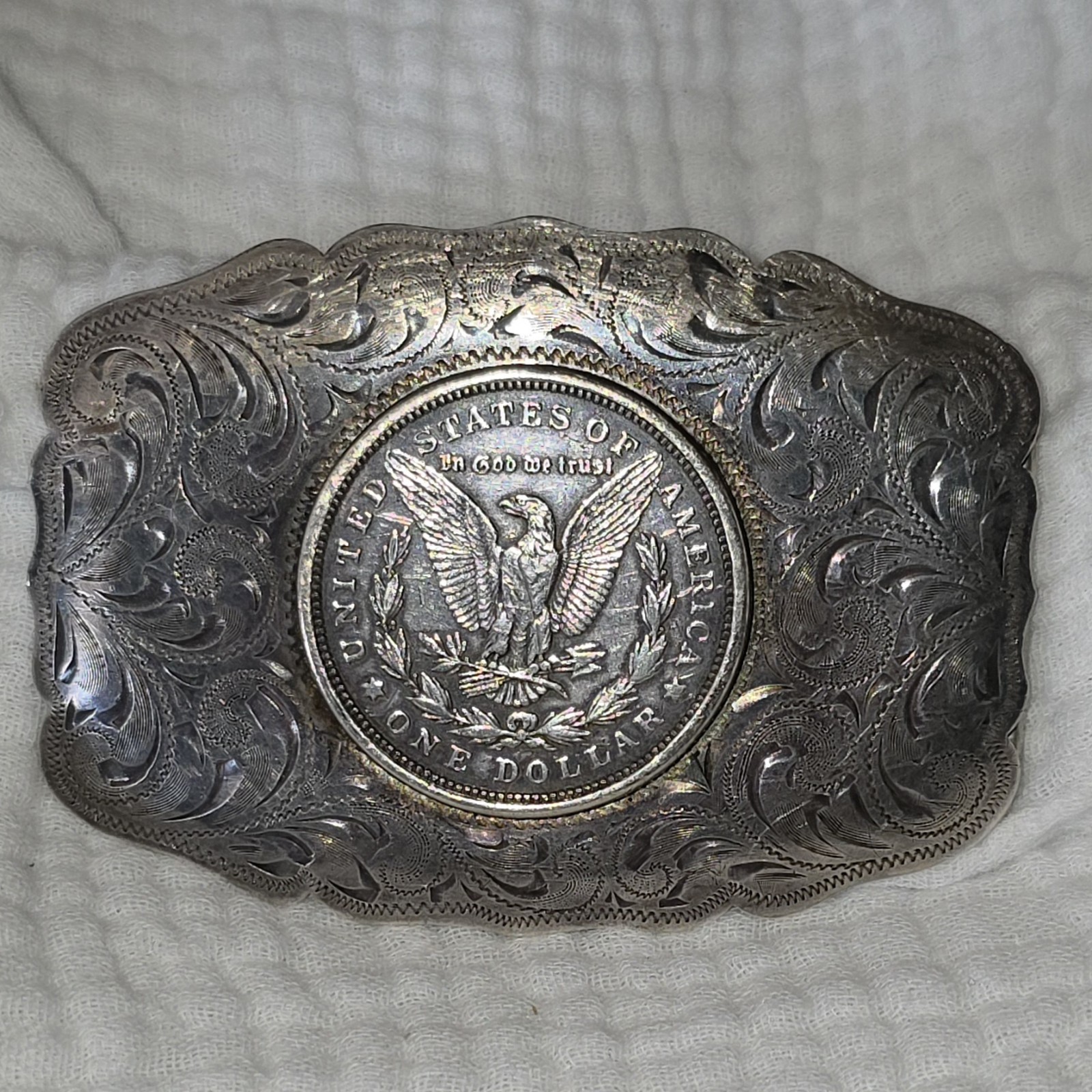 Vintage Hand Engraved Sterling Silver Belt Buckle W/ 1921 Morgan Dollar 72g Vintage Hand Engraved Sterling Silver Belt Buckle W/ 1921 Morgan Dollar 72g
