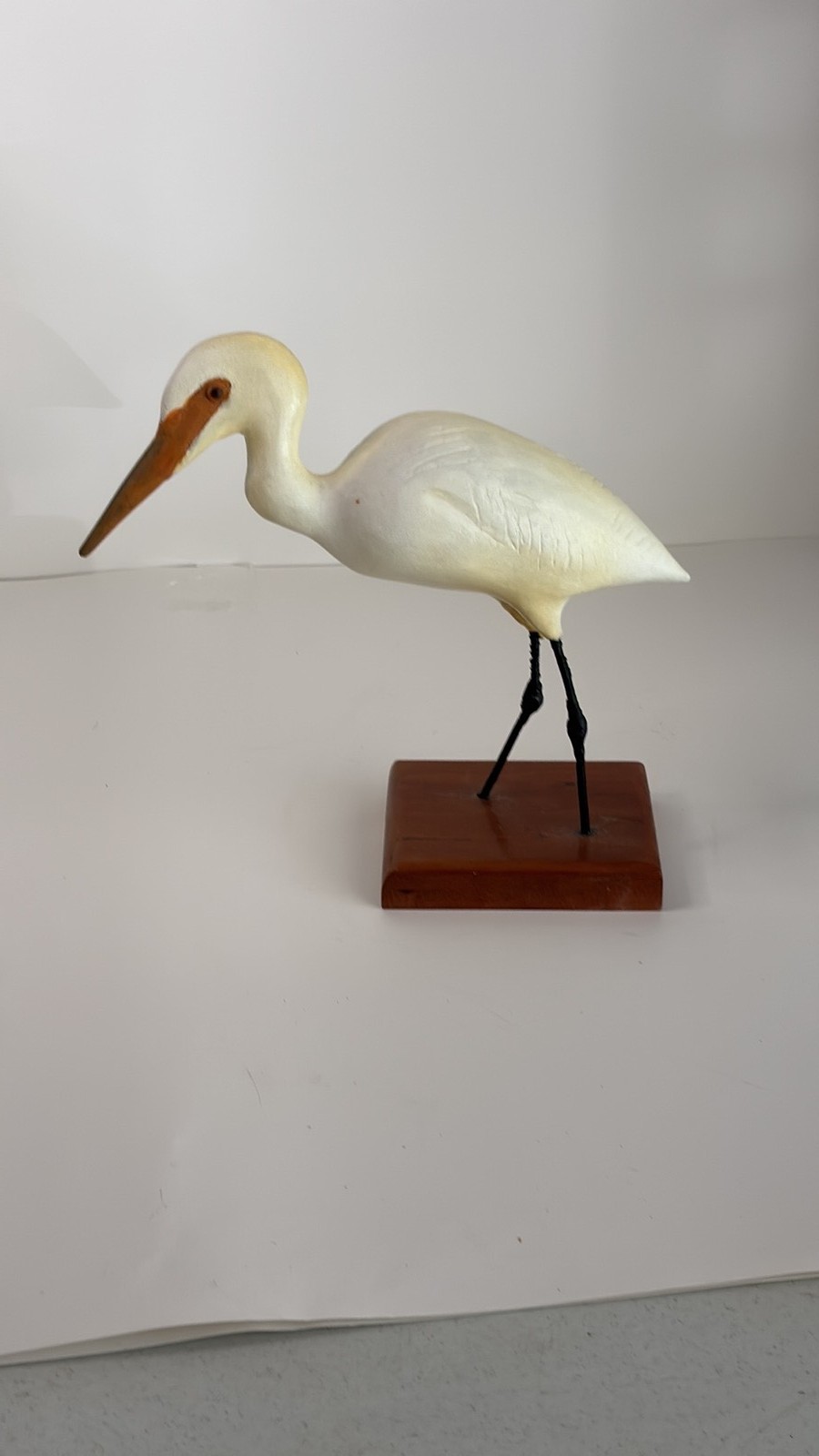 Vintage Hand-Carved Wooden Egret Figurine on Block Base Vintage Hand-Carved Wooden Egret Figurine on Block Base