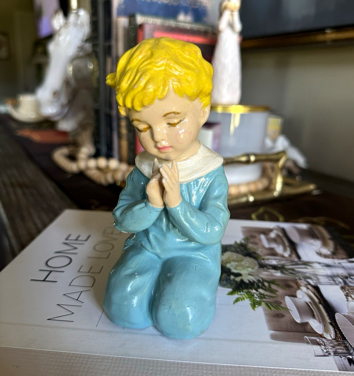 Enesco Praying Boy Figurine Religious Glazed- VINTAGE 1950s
