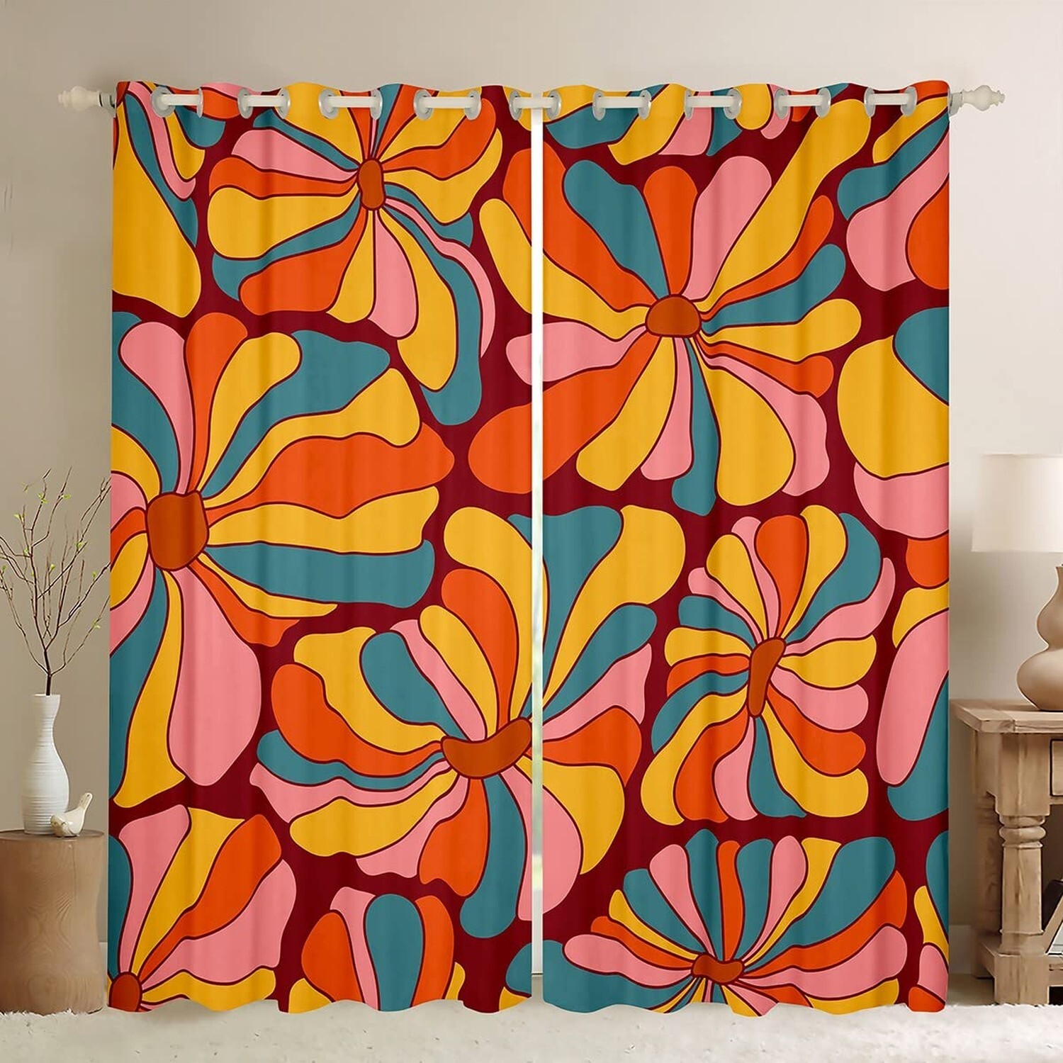 Vintage Boho Plant Floral Curtains for Living Room 60S 70S Groovy Rainbow Bla... Vintage Boho Plant Floral Curtains for Living Room 60S 70S Groovy Rainbow Bla...