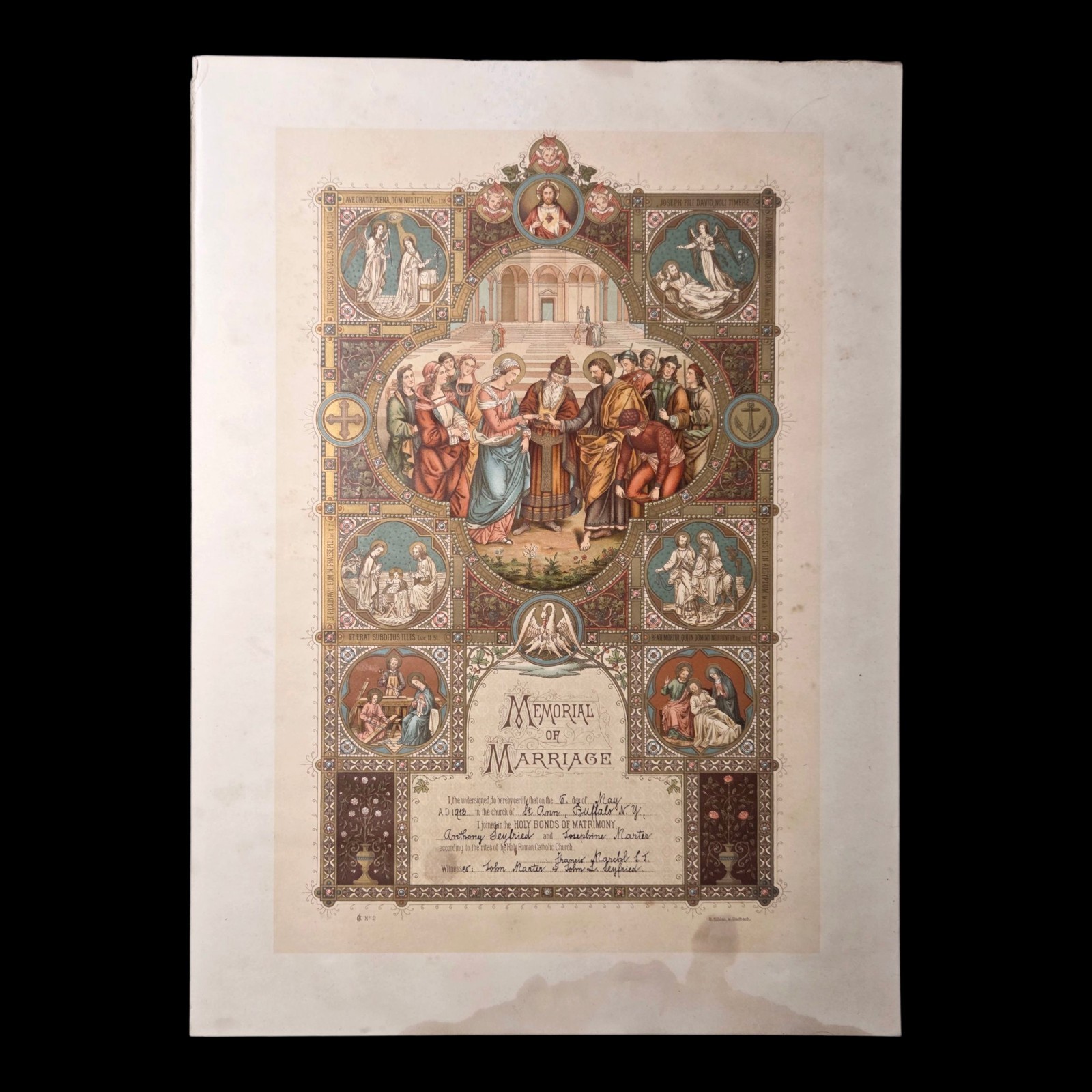 1913 Religious Marriage Certificate Litho Victorian Art Buffalo NY Genealogy 