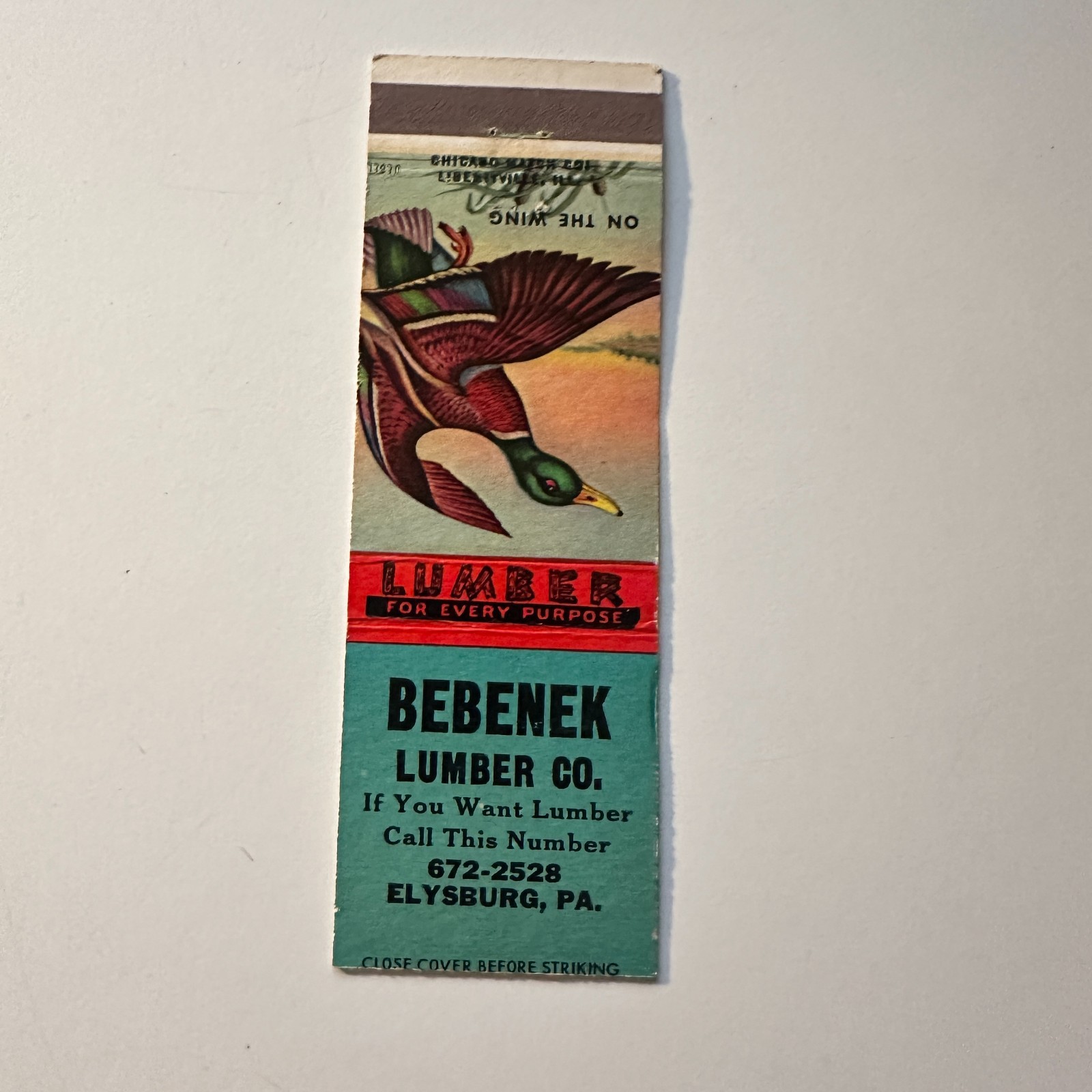Bebenek Lumber Co Every Purpose Elysburg PA Vintage Matchbook Cover 5MB126-4-1