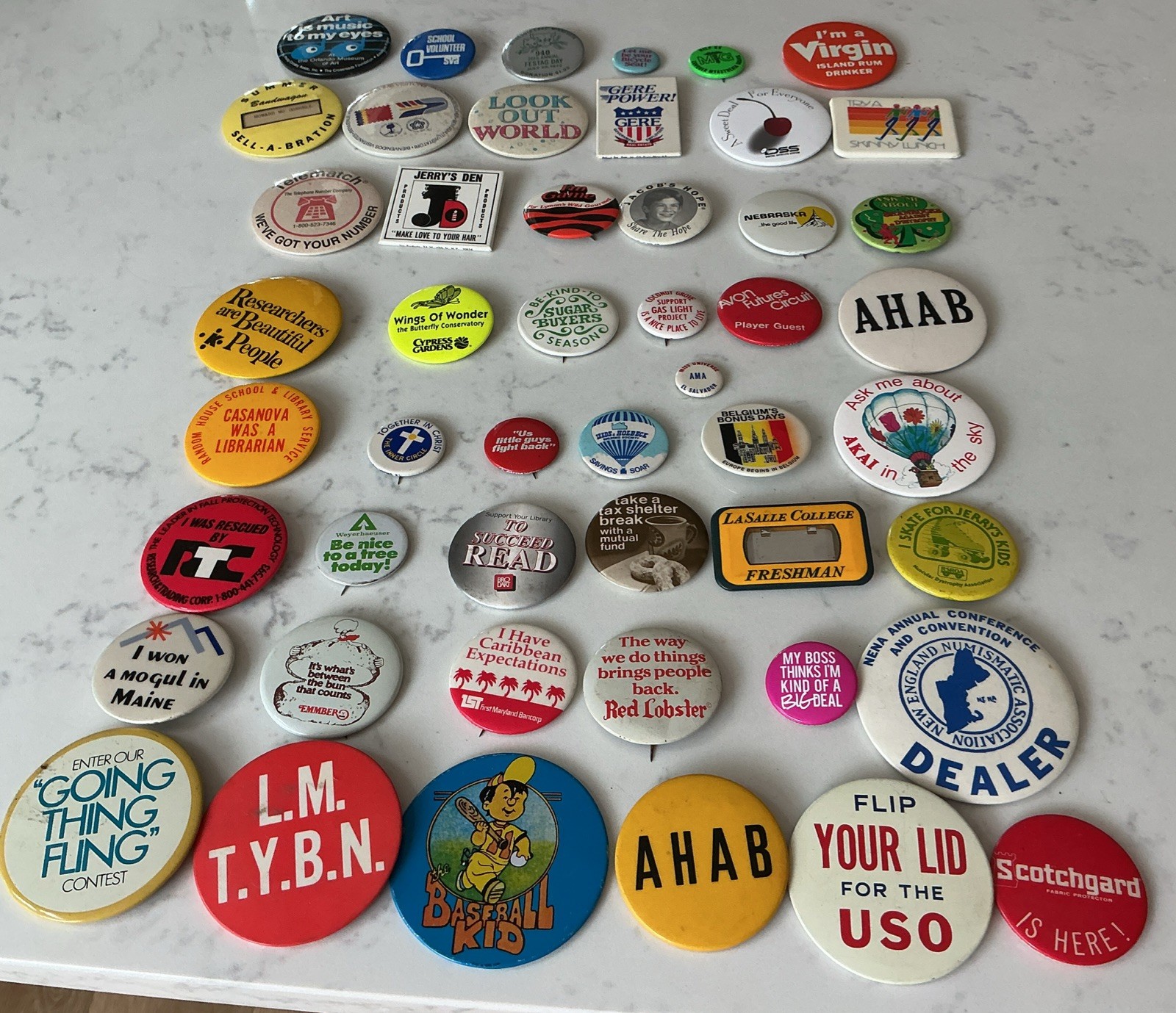 Lot 49 Pc 1960s -90s Vintage Mixed Buttons Pins Pinbacks USO NENA RED LOBSTER Lot 49 Pc 1960s -90s Vintage Mixed Buttons Pins Pinbacks USO NENA RED LOBSTER