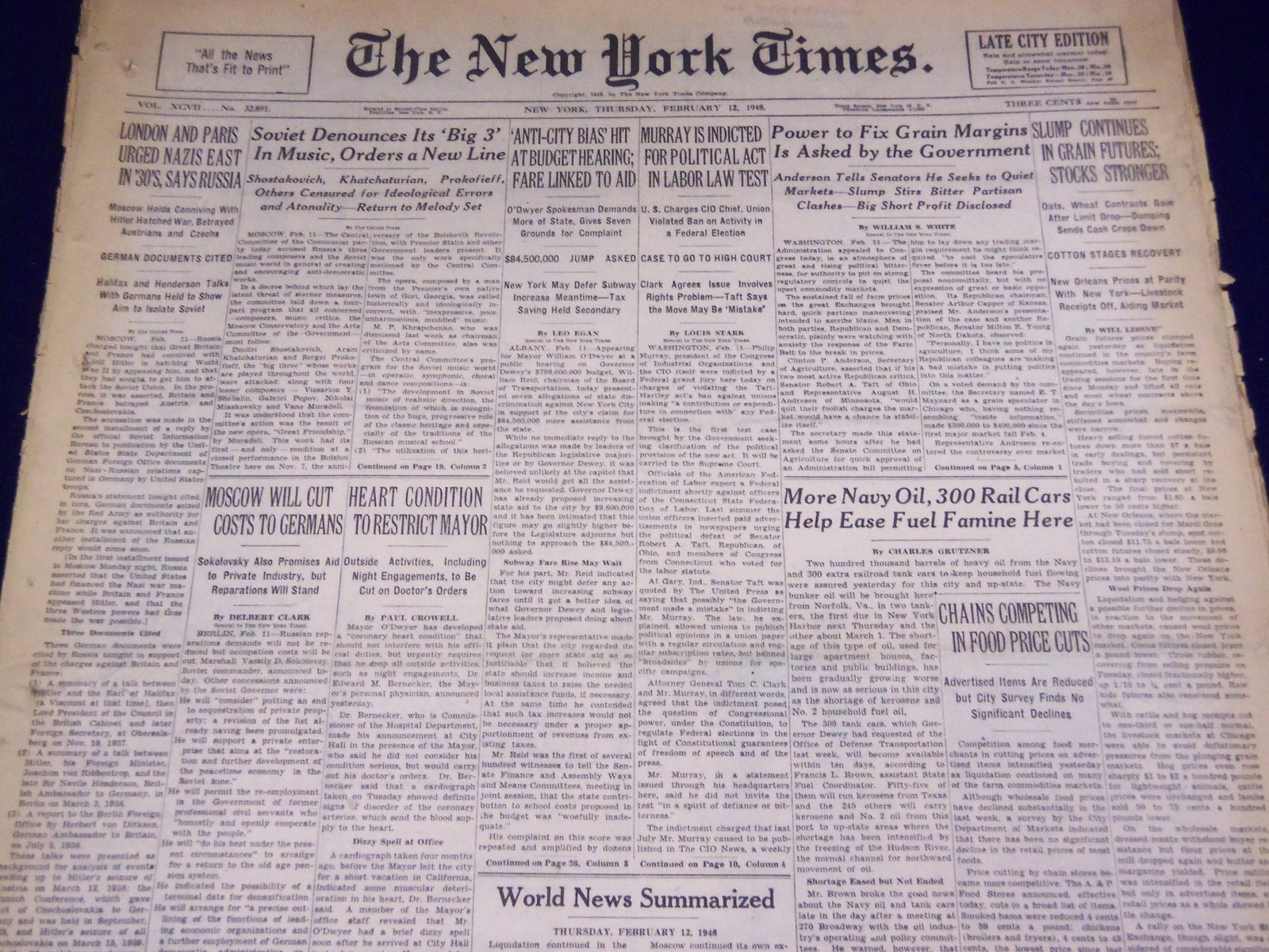 1948 FEBRUARY 12 NEW YORK TIMES - PHILIP MURRAY INDICTED - NT 2906 1948 FEBRUARY 12 NEW YORK TIMES - PHILIP MURRAY INDICTED - NT 2906