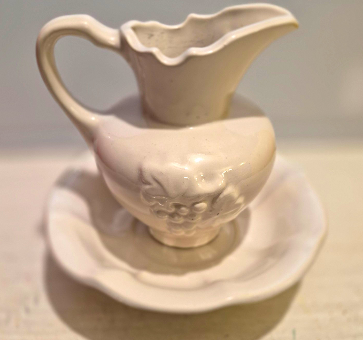 White Ceramic Pitcher/ McMoy Bowl, Grape Vine Embossed Pitcher Unmarked White Ceramic Pitcher/ McMoy Bowl, Grape Vine Embossed Pitcher Unmarked