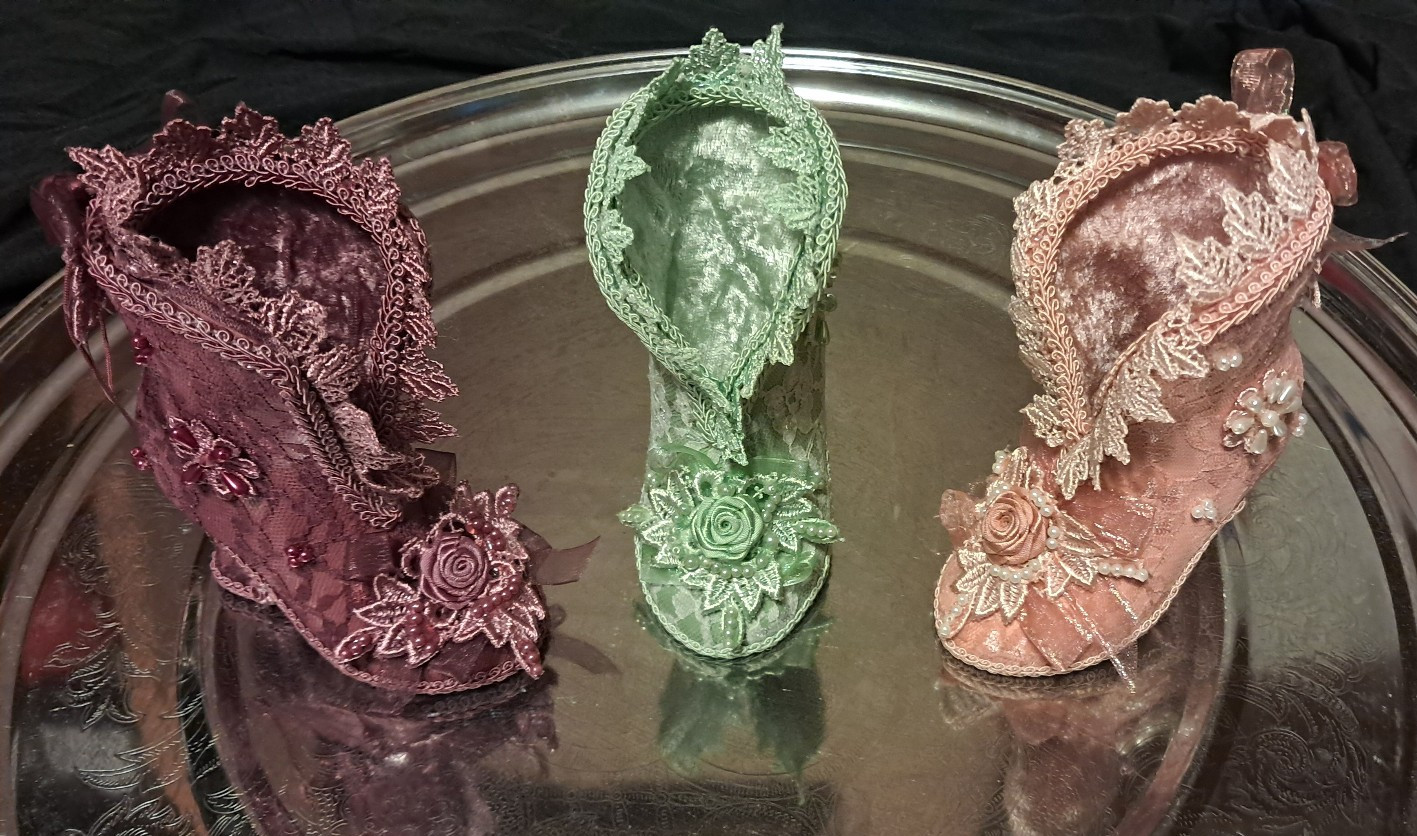 Vintage Victorian Style Shoe Ornaments Trio Fabric Lace Pearl Lot of 3