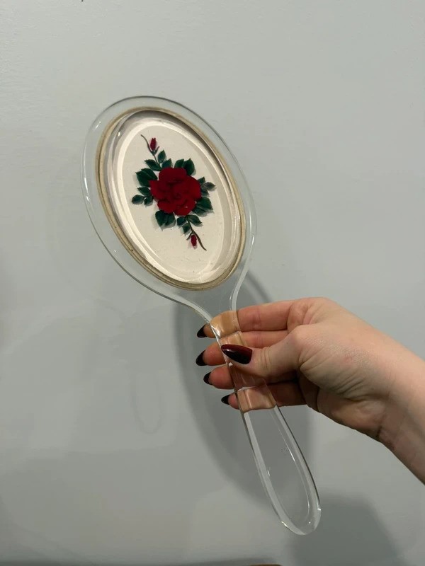 Vintage Clear Lucite Red Rose Hand Mirror Vintage Clear Lucite Red Rose Hand Mirror