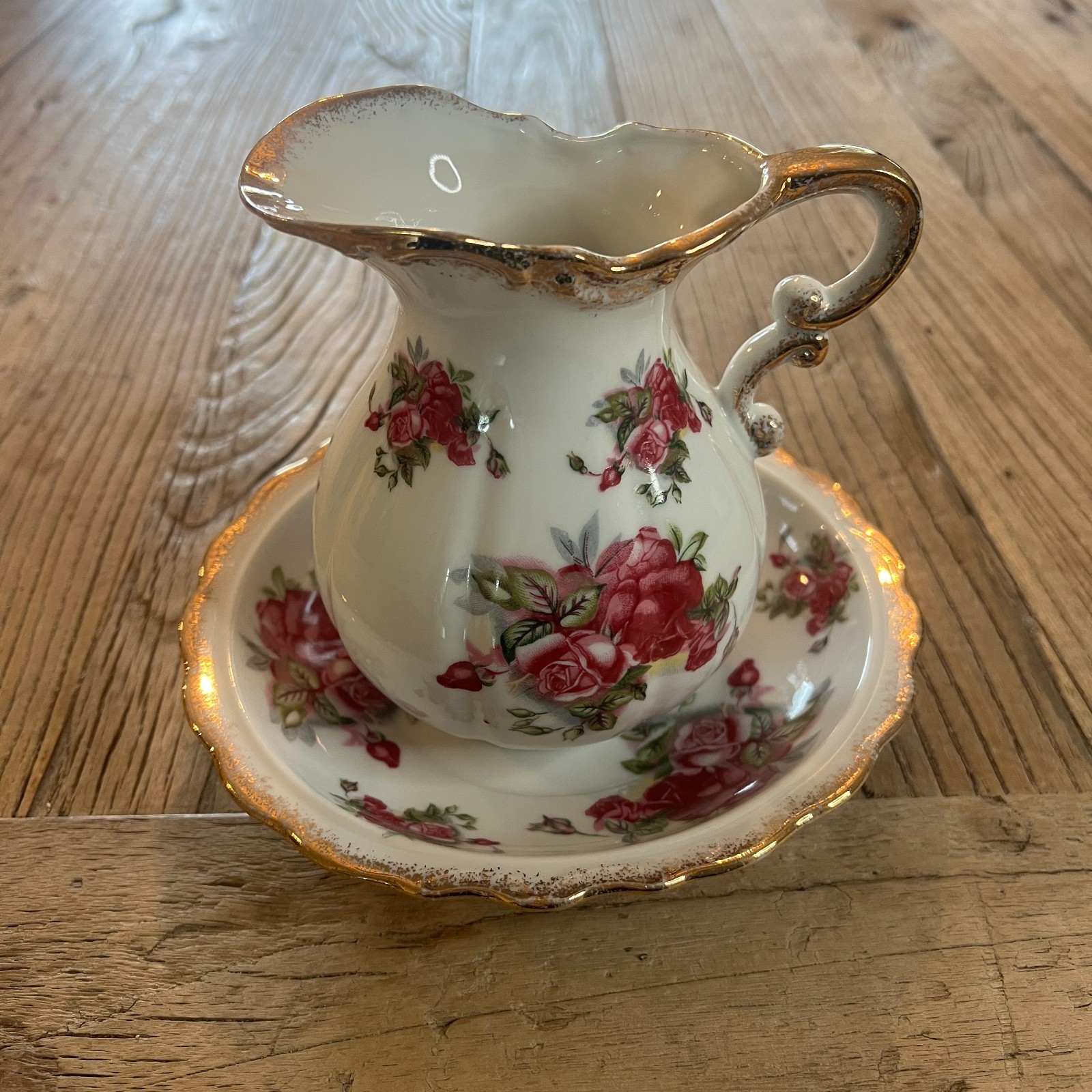 Vintage Miniature Pitcher and Wash Bowl Set Ceramic Red Roses Gold Trim 7 In