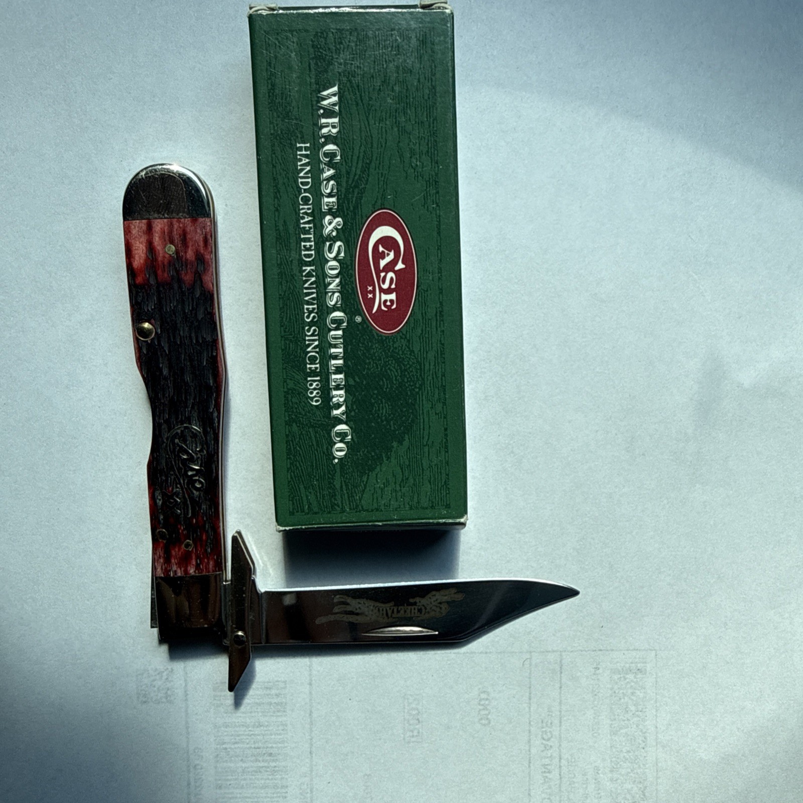 2001 Case XX 6111 1/2 Cheetah Silver Script Cranberry Bone Folding Pocket Knife