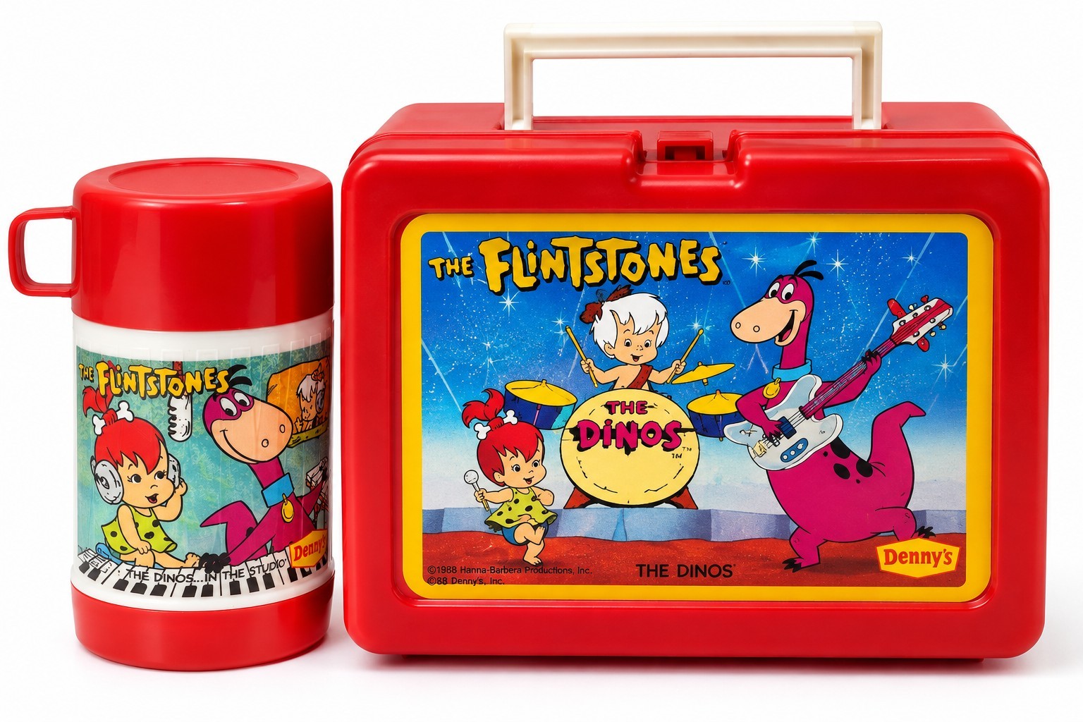 Vintage 1989 Flintstones The Dinos Denny's Lunch Box Thermos Complete Red Set