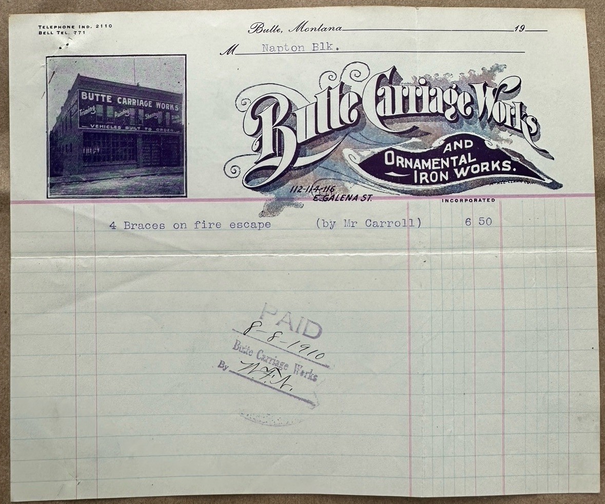 1910 Butte Carriage Works Montana Iron Works - History Rare Letter Head Bill