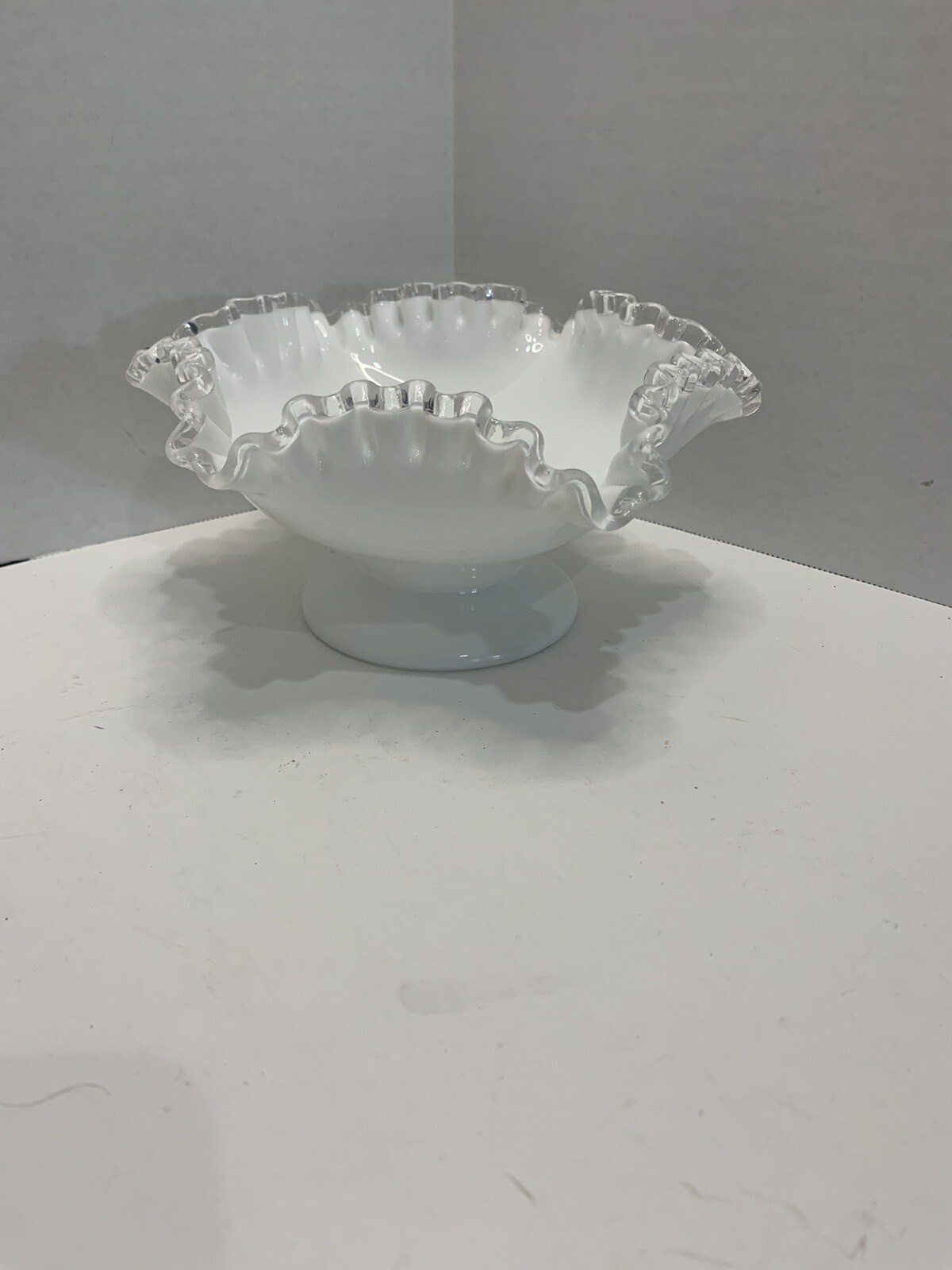 Vintage FENTON White Milk Glass Clear Ruffled Edges Silvercrest Dish Bowl 8”