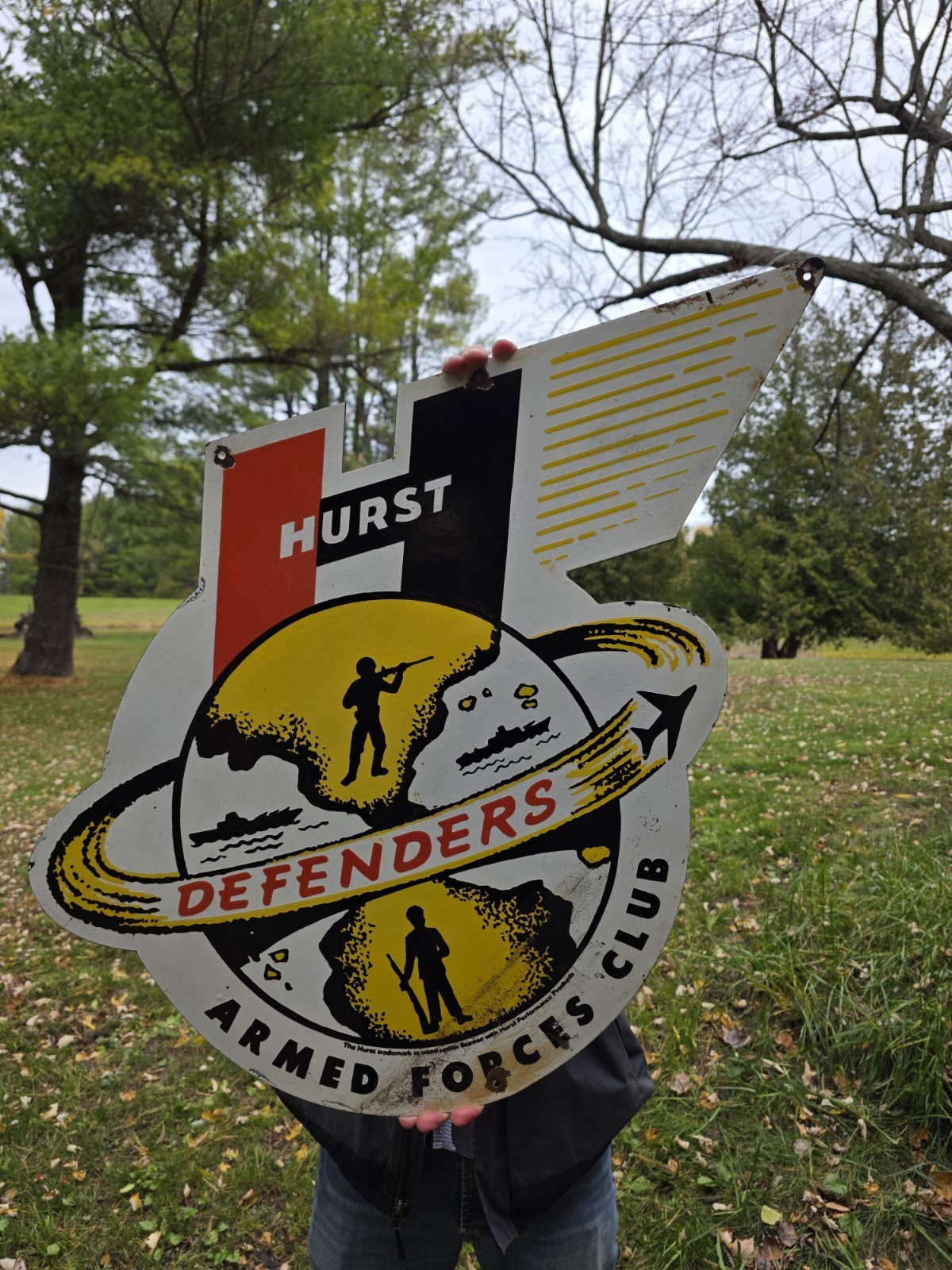 HUGE VINTAGE HURST ARMED FORCES CLUB DEFENDERS PORCELAIN SIGN 24