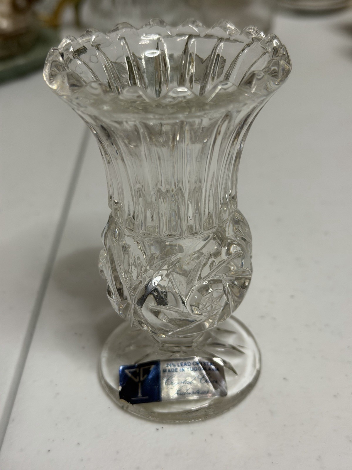 Vintage Yugoslavia 24% Lead Crystal 4.5” Footed Bud Vase CCI Label
