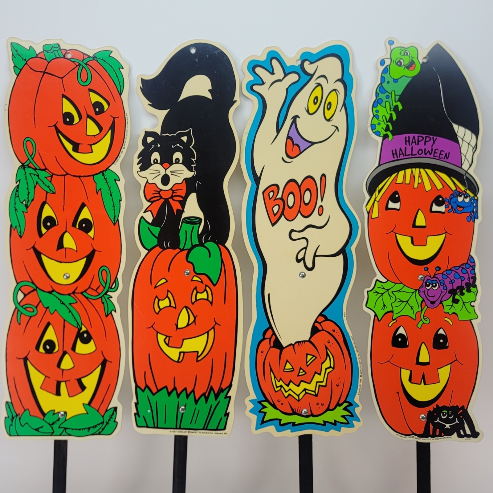 Lot 4 Vintage Halloween Plastic Yard Art Signs Stakes Impact Plastics 1990s VTG