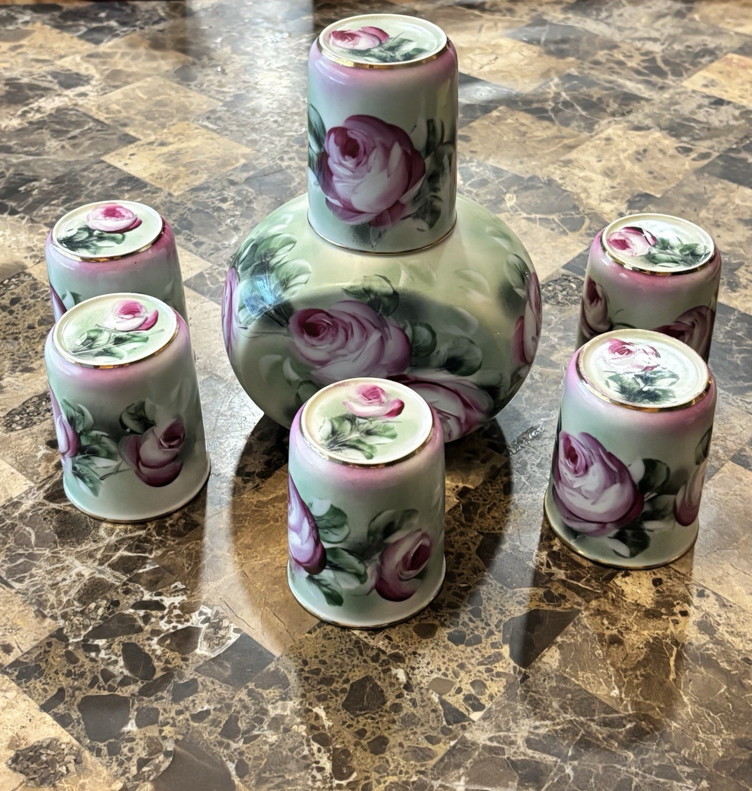 RS Prussia Hand Painted Porcelain Carafe Pitcher W/ 6 Cups Mint Green Floral RS Prussia Hand Painted Porcelain Carafe Pitcher W/ 6 Cups Mint Green Floral
