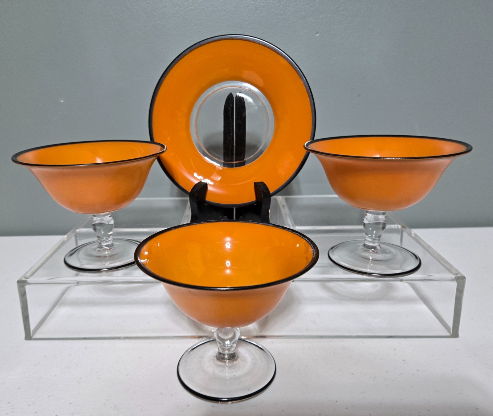 Vintage 1950's Sherbet Glasses Orange w/ Black Rim Bowls & Plate
