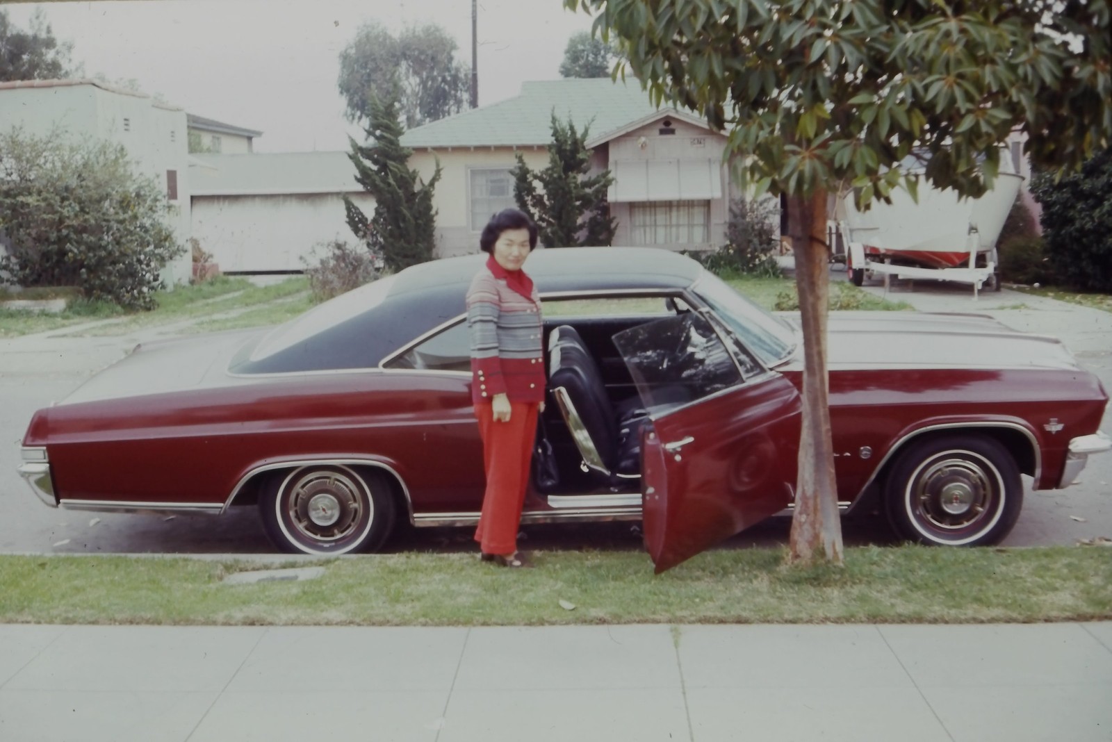 c1960\'s Kodachrome 35mm Slide, Woman Red Pantsuit, Car American mid 1960s Topps