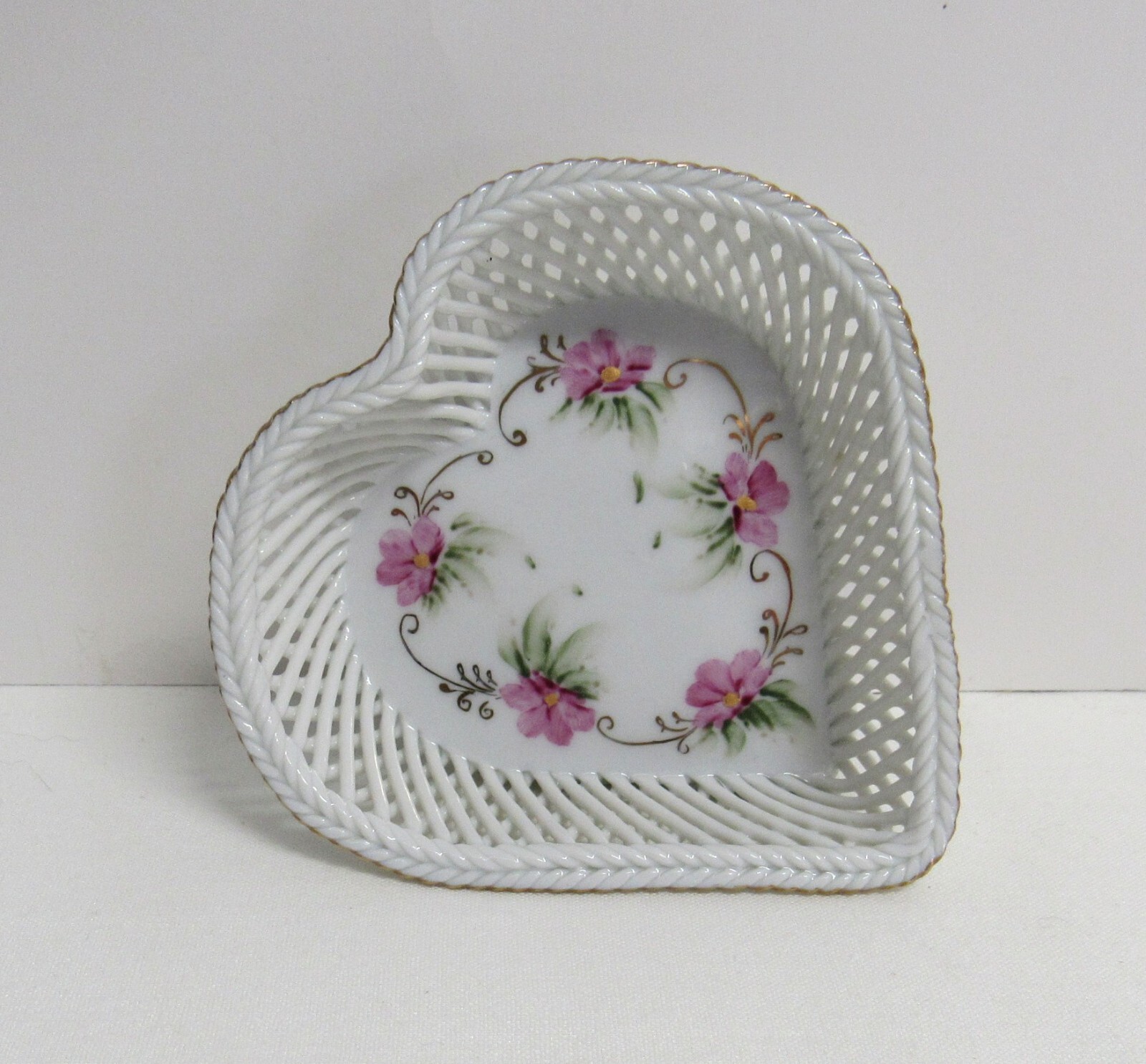 German Made Woven Lattice Porcelain Heart Shaped Trinket Dish - EUC