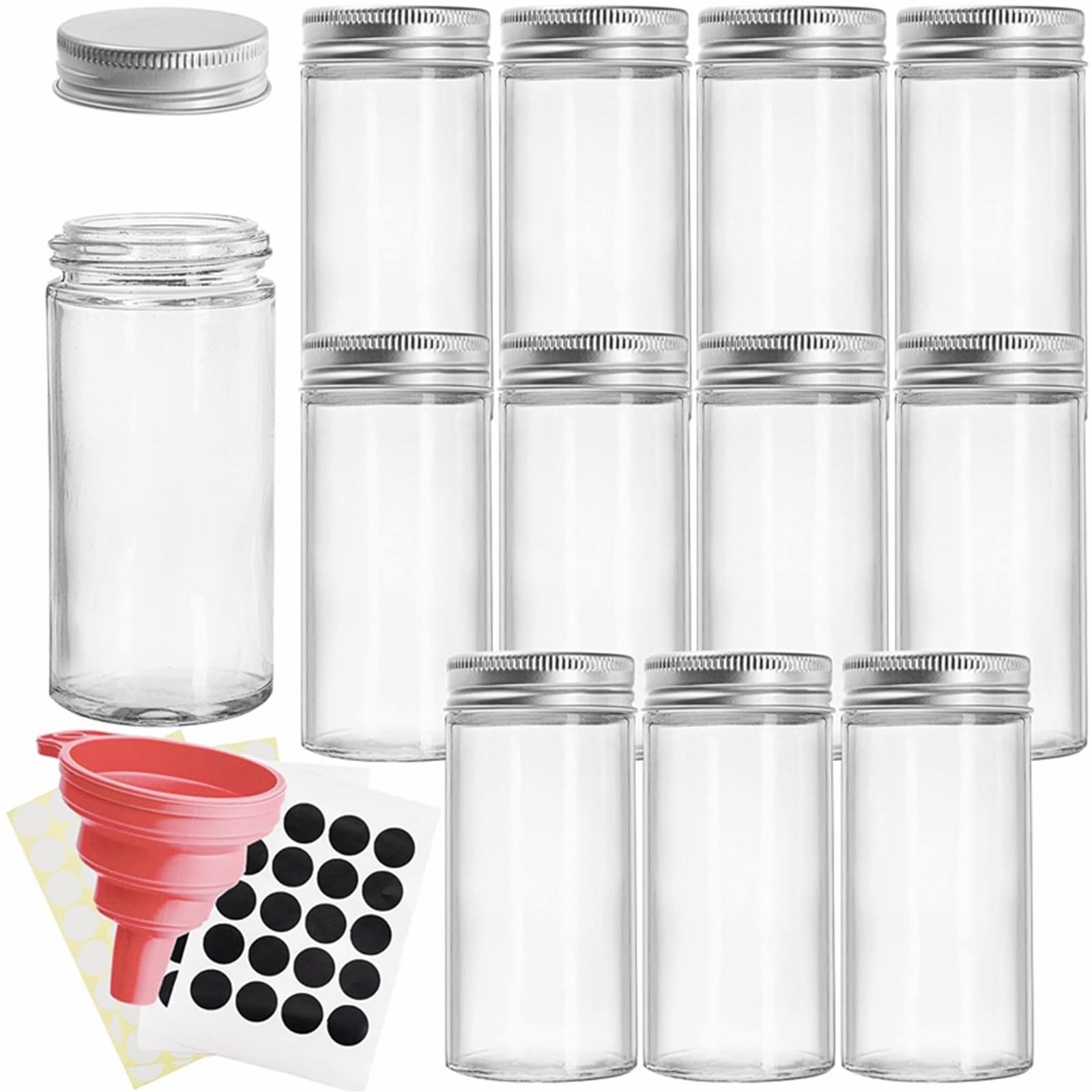 Tebery 12 Pack Round Spice Bottles 3oz Glass Jars with 4oz, clear