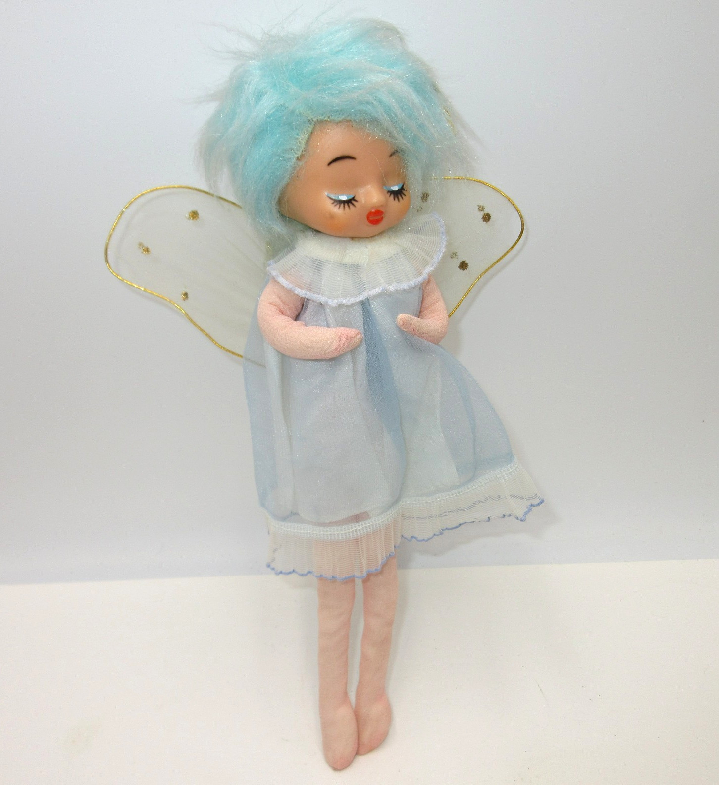 Vtg Japan Pixie Angel Ornament Posable Blue Hair Tulle Wings Dress Stockinette ?