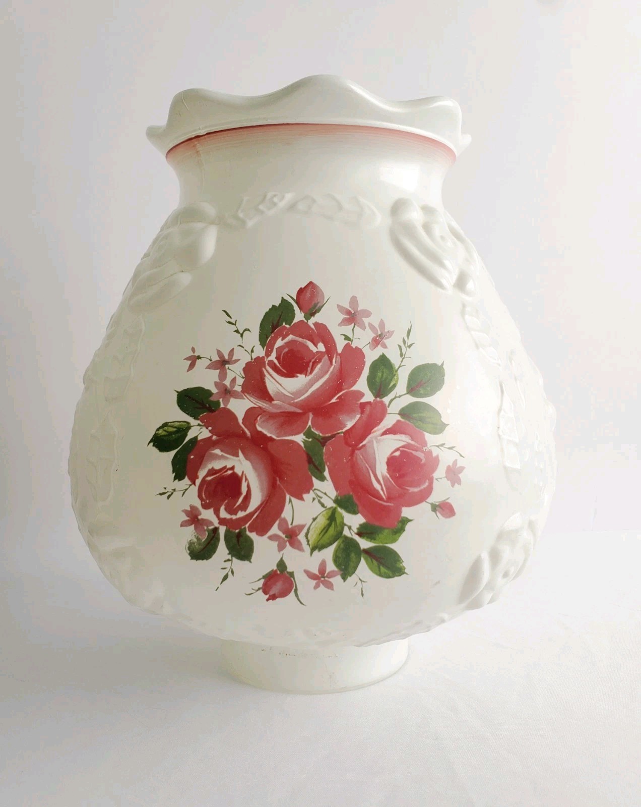 Vintage Pink & White Floral Milk Glass Globe Lamp with Embossed Rose Pattern 