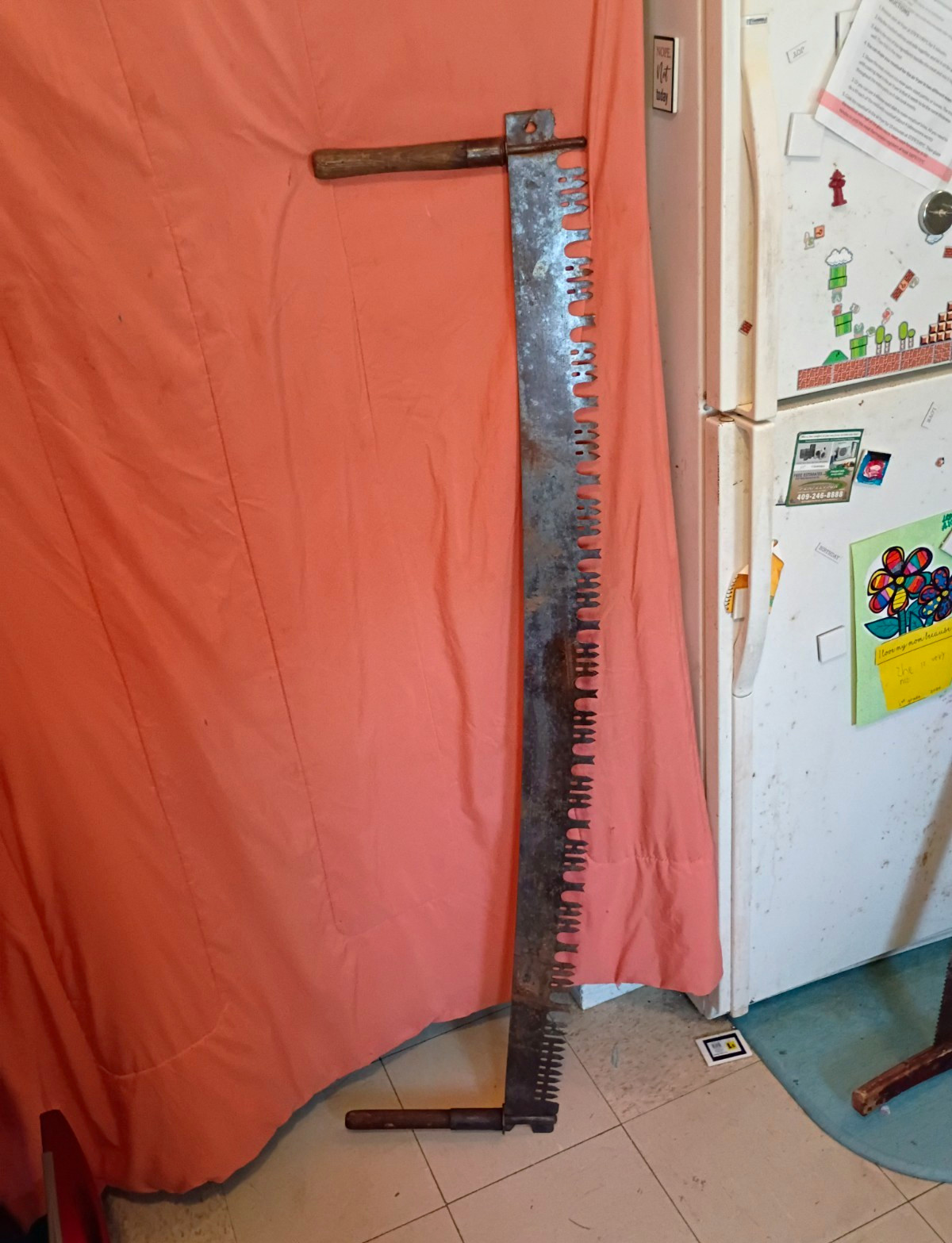 Vintage Original Two-Man Crosscut Saw Blade w/ Handles, Wooden Handle