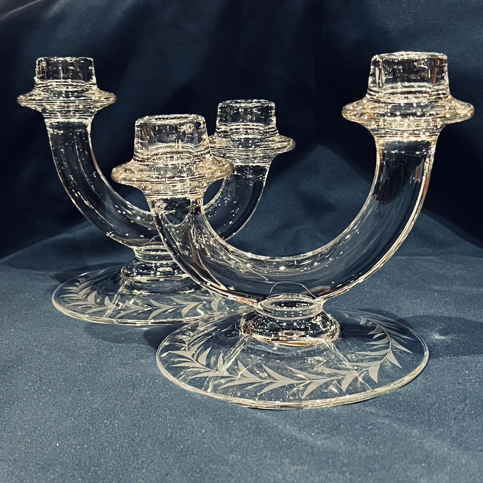 Vintage Pair Of Fostoria Holly, Etched Double Candlesticks Excellent Condition 