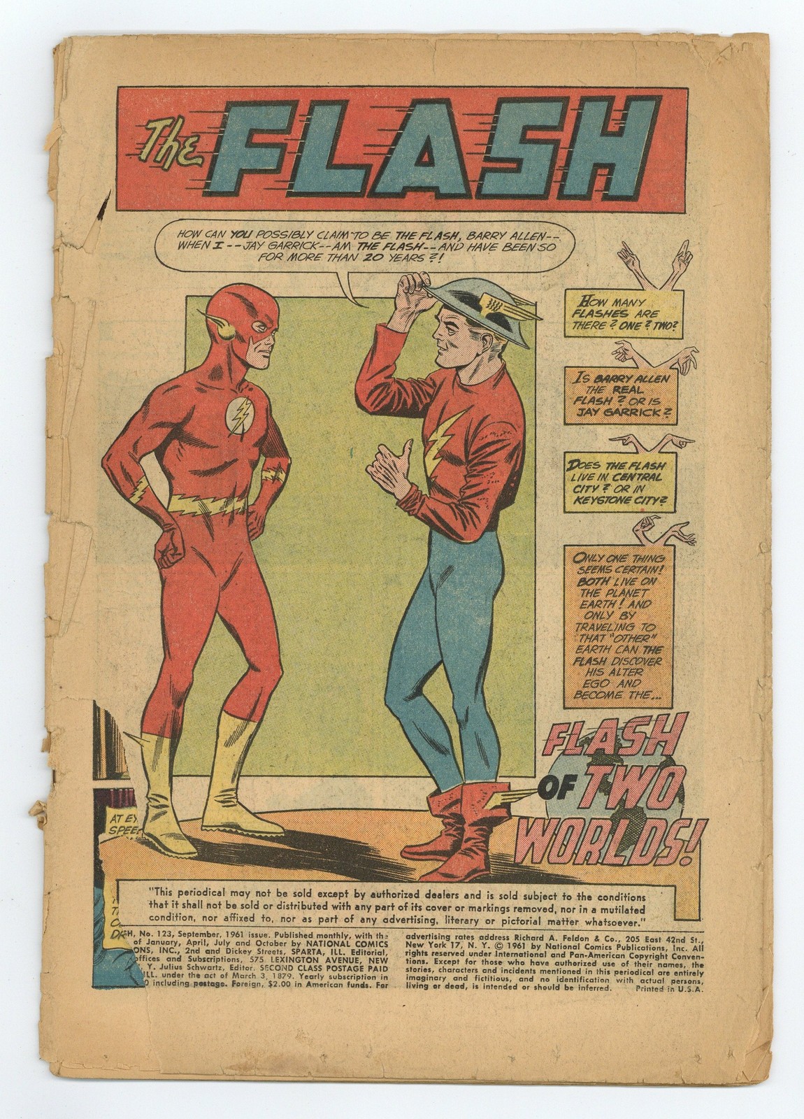 Flash #123 Coverless 0.3 1961 1st SA app. of GA Flash, 1st mention of Earth-2