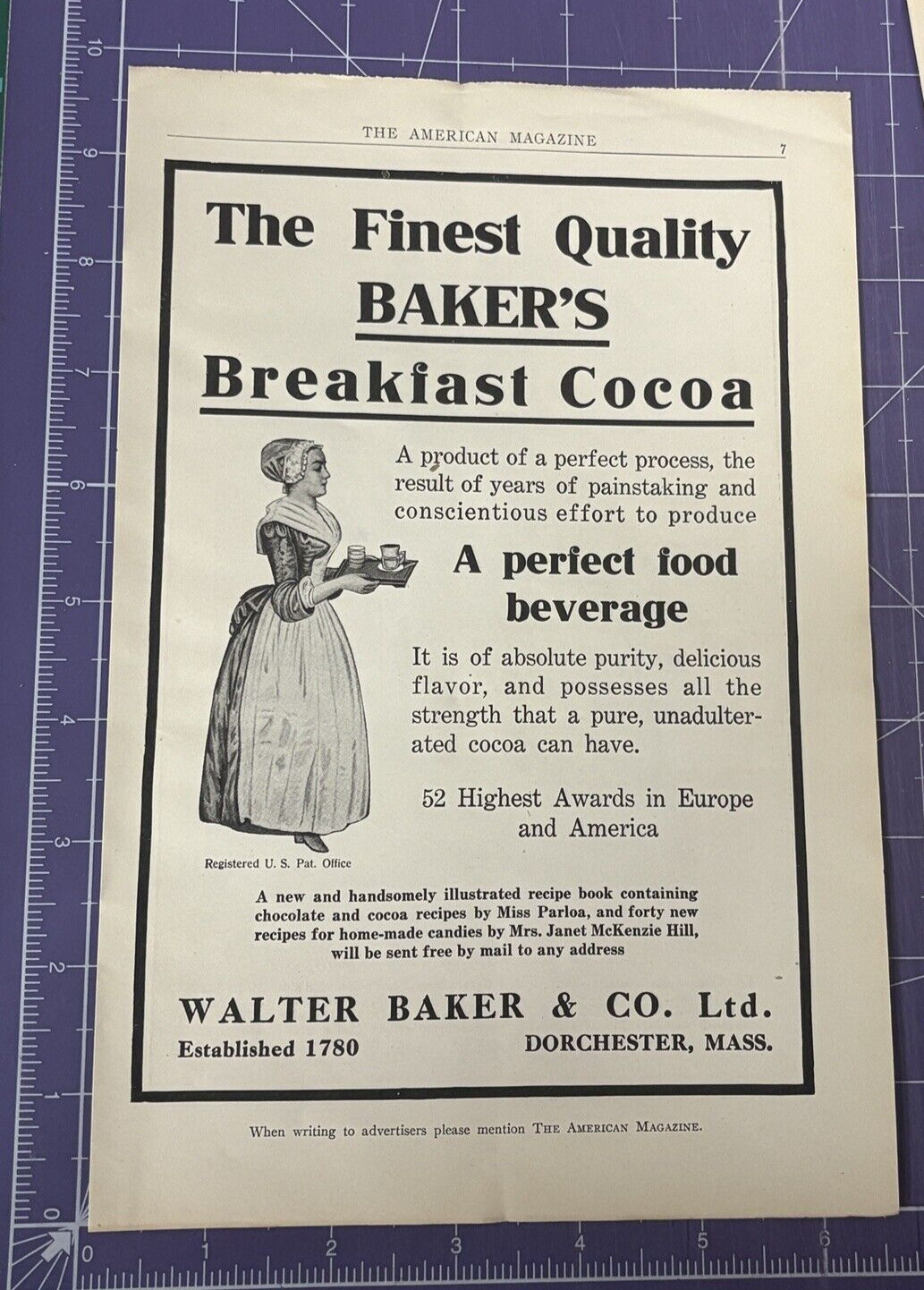 1909 PRINT AD WALTER BAKER & CO BAKER\'S BREAKFAST COCOA DORCHESTER MASS