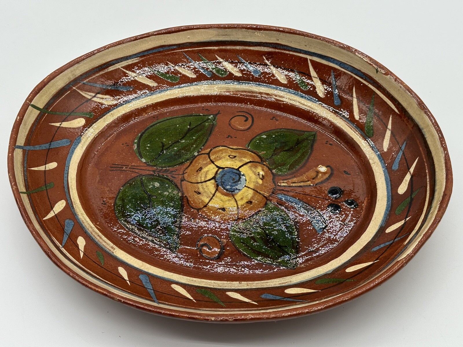 Vintage Hand Painted Handmade Oval Televera Bowl 12”x8” Mexico