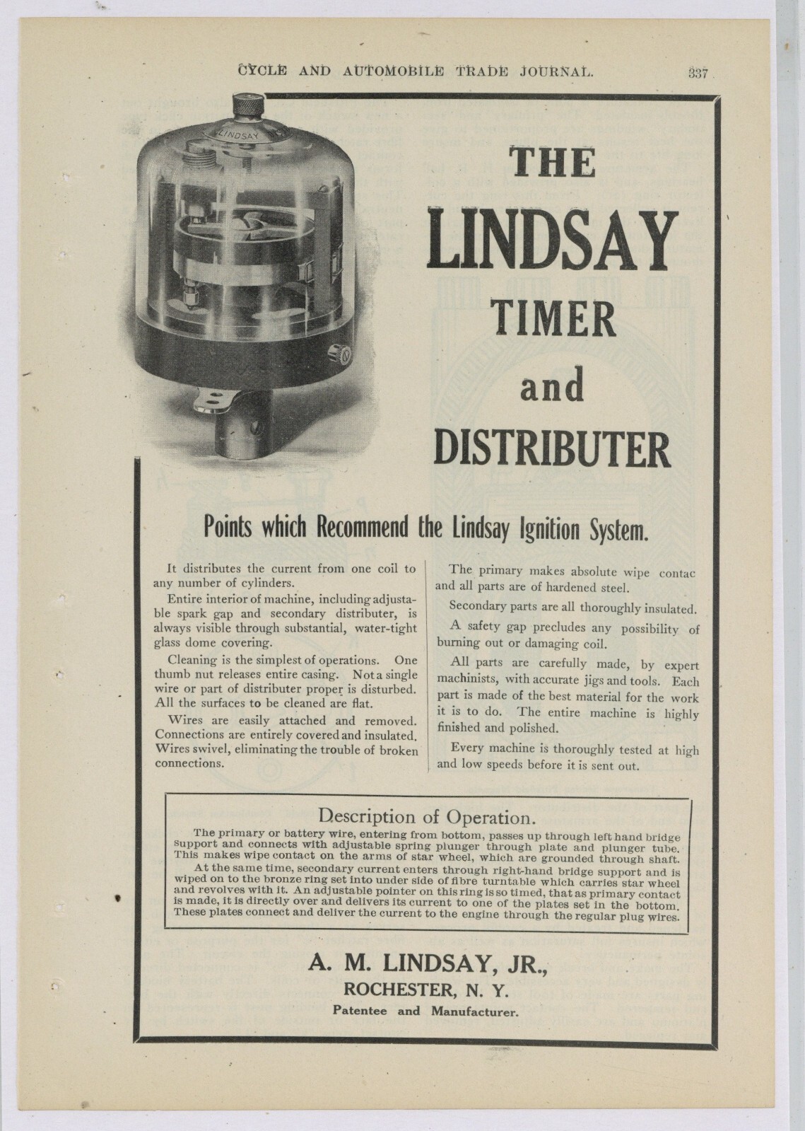 1907 A.M. Lindsay Jr. Co Ad: Timer & Distributor for Autos - Rochester, New York
