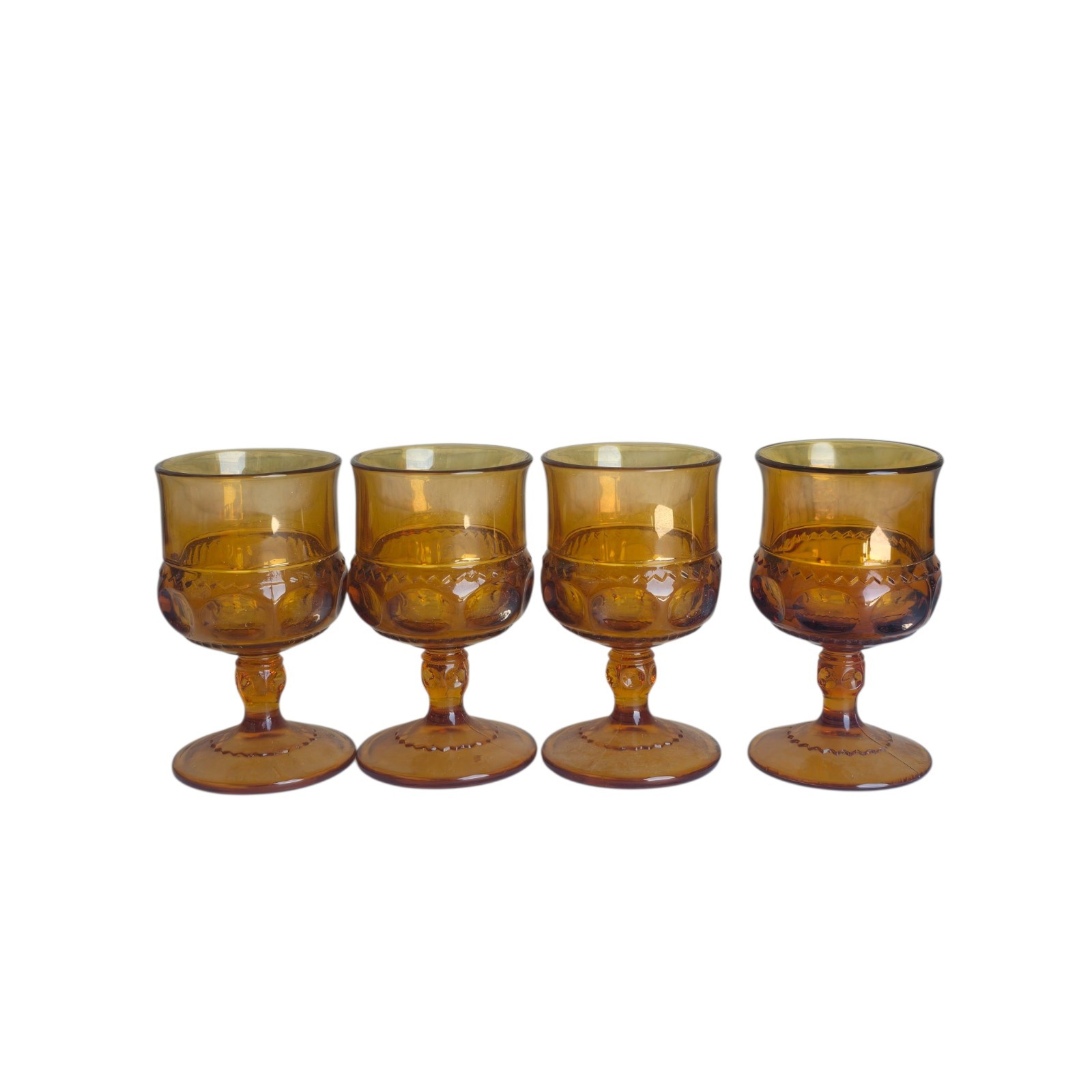 (4) Amber Indiana Glass Thumbprint Kings Crown Goblets Cordial Glass 4 1/4” VTG