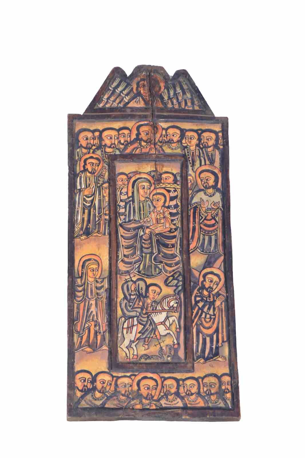 Antique Ethiopian Orthodox Coptic Wood Icon Altar Painted Biblical Paintings