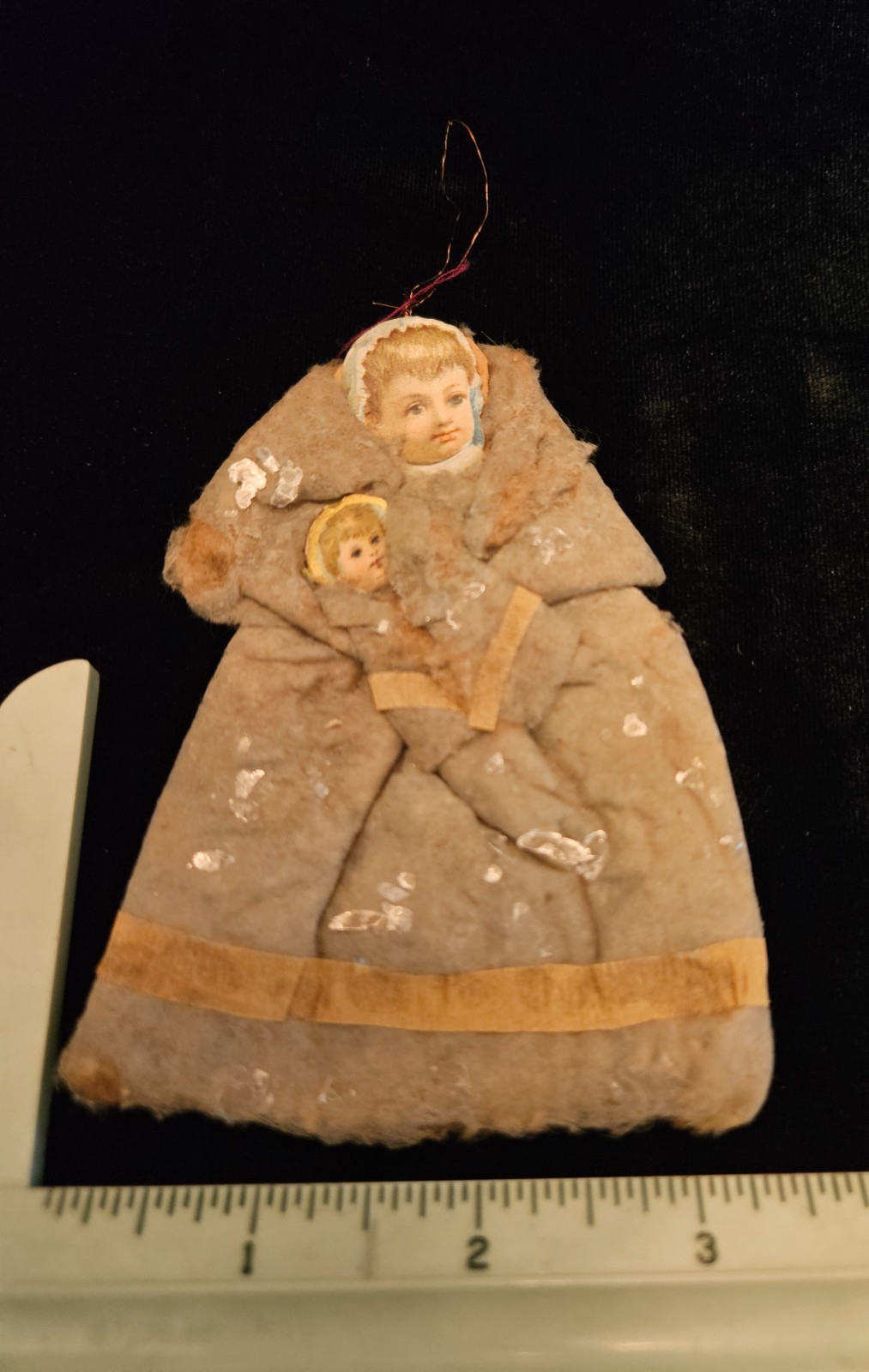 Antique  Christmas Orn Flat Pressed Cotton Child Holding Baby 2 Die Cut Faces