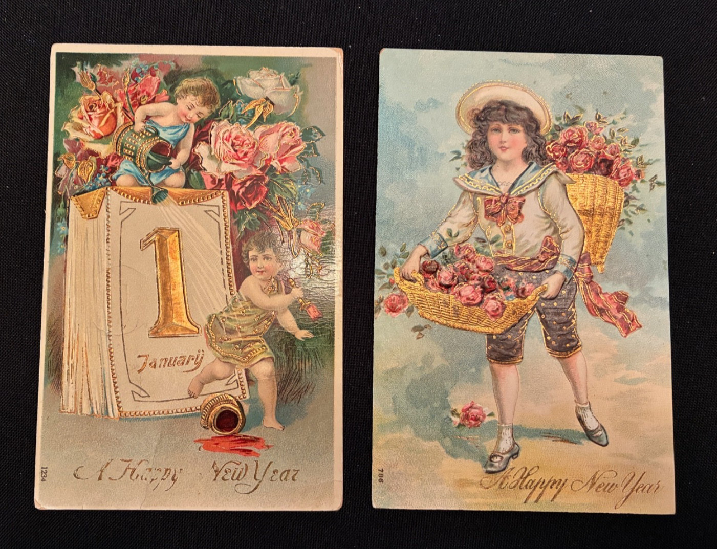 (2) Gilded New Year Postcard Children Victorian Children Embossed Gold Gilded