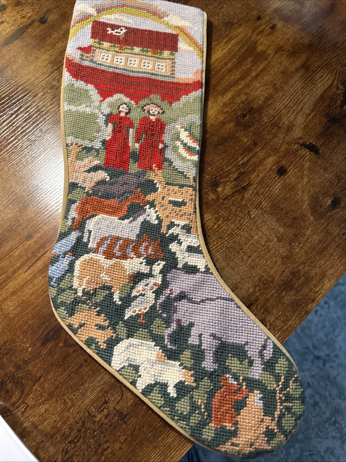 Noah’s Ark Needlepoint Christmas Stocking Ark Animals Dove Tan Velvet Back 22”