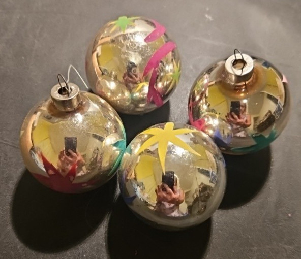 4 Vintage (1938-50) HEIM Christmas Ornaments Silver Balls Star Design  #344