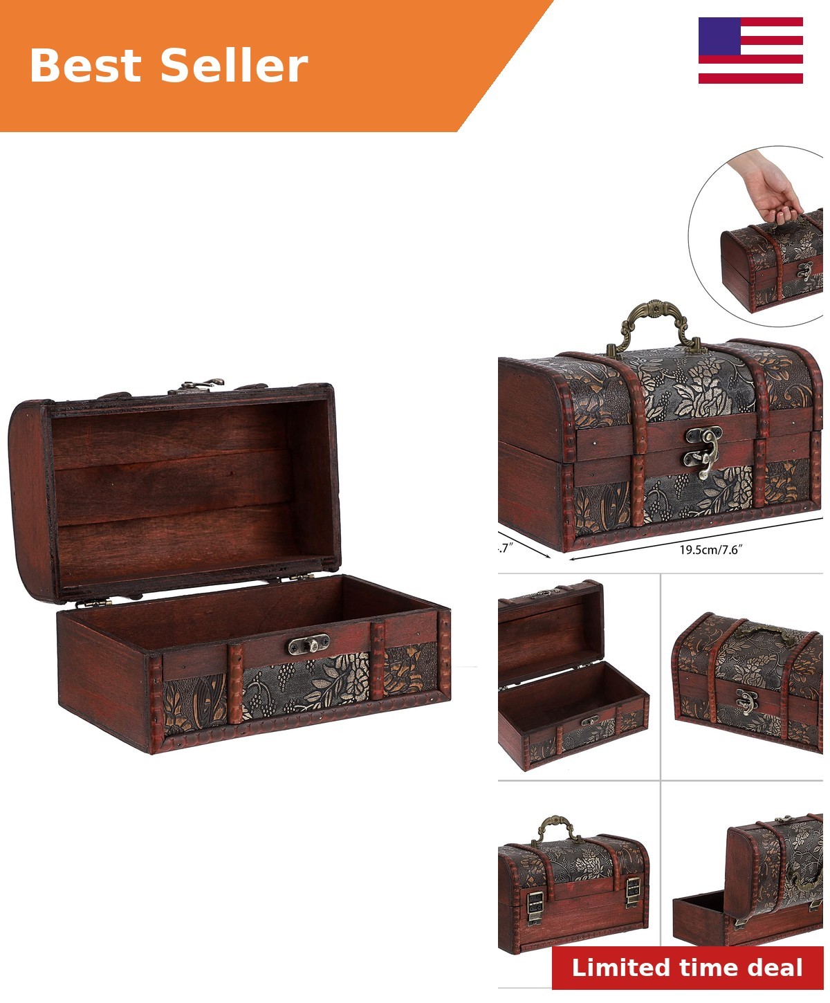 Vintage Treasure Chest Box, Wooden Pirate Keepsakes Box, Medium Vintage Treasure Chest Box, Wooden Pirate Keepsakes Box, Medium