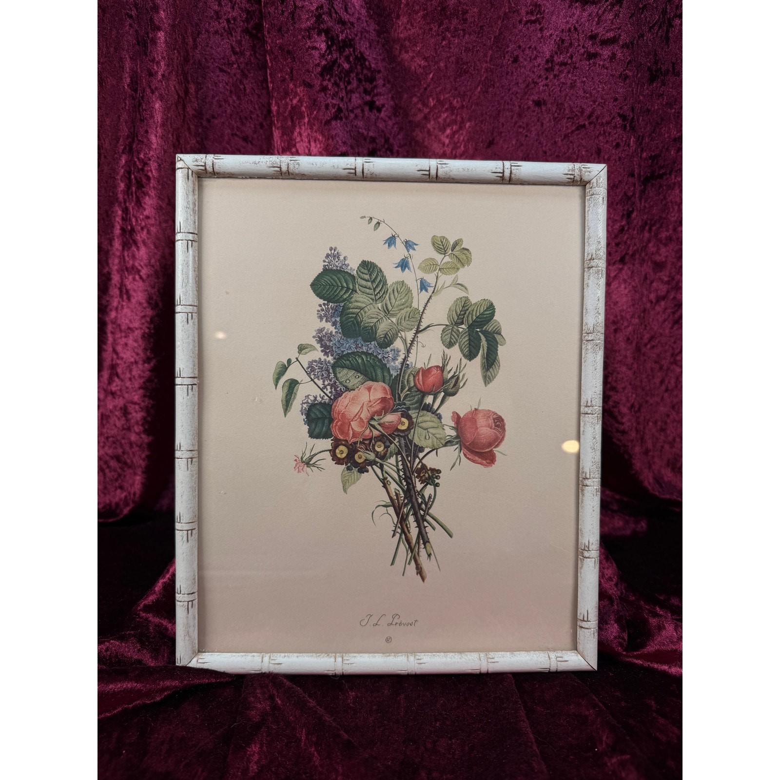 Vintage Framed Botanical Print – Hydrangea Floral Bouquet Bamboo Style Frame