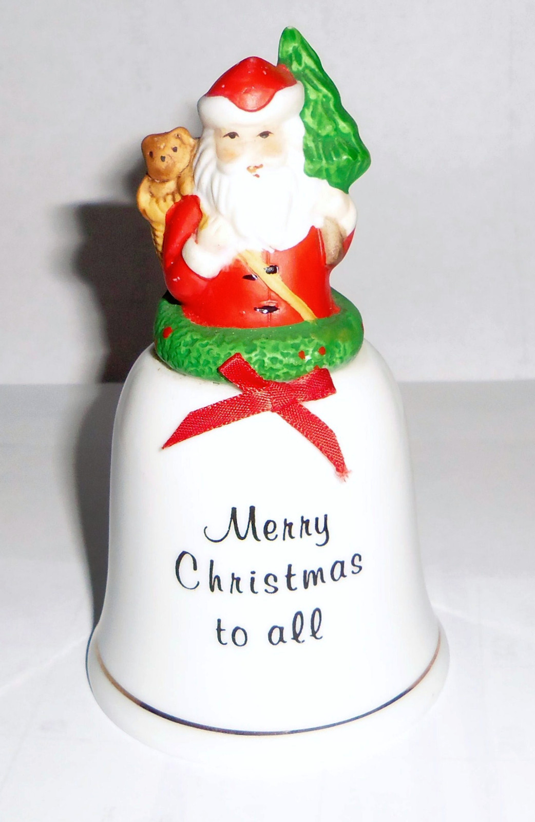 Porcelain Bell Christmas Ornament Vintage Merry Christmas to All Santa Claus