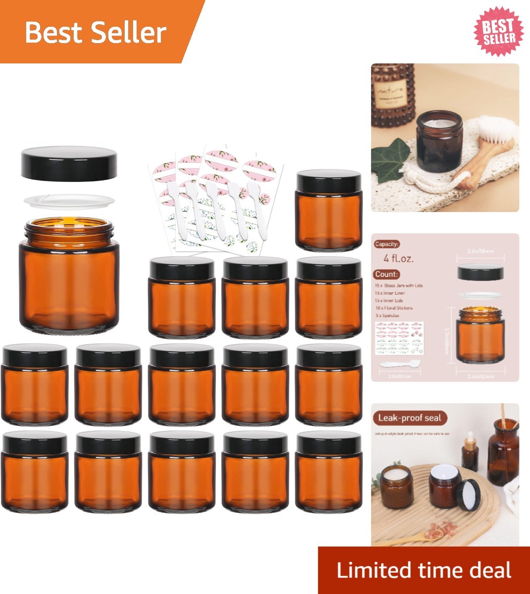 15 Pack of 4 oz Amber Glass Jars for Lotions, Salts & DIY Crafts - BPA-Free 15 Pack of 4 oz Amber Glass Jars for Lotions, Salts & DIY Crafts - BPA-Free