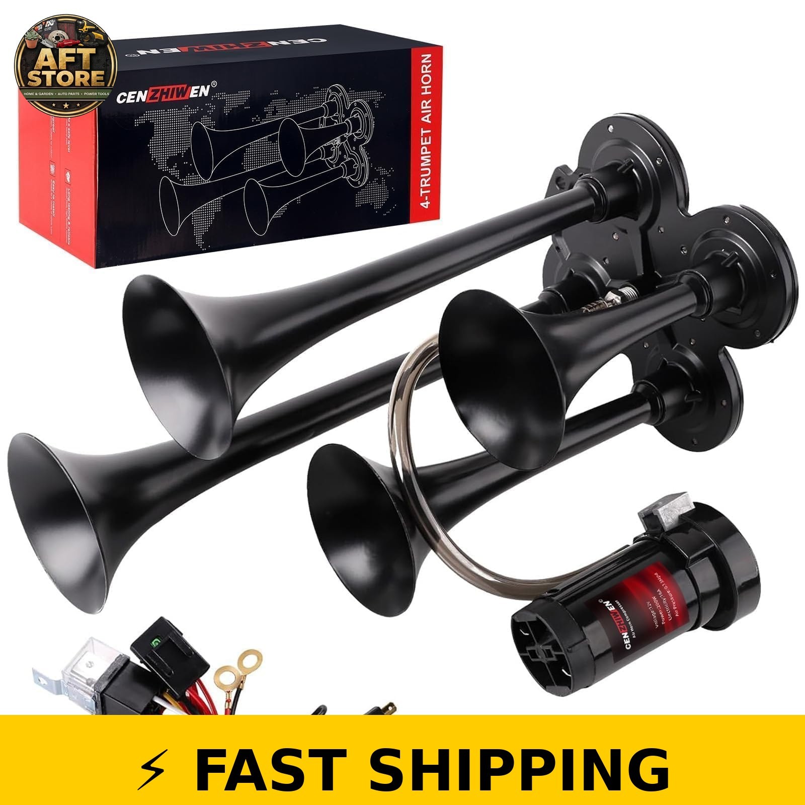 CENZHIWEN 12V Train Horn for Truck with Air Compressor & 4 Trumpets